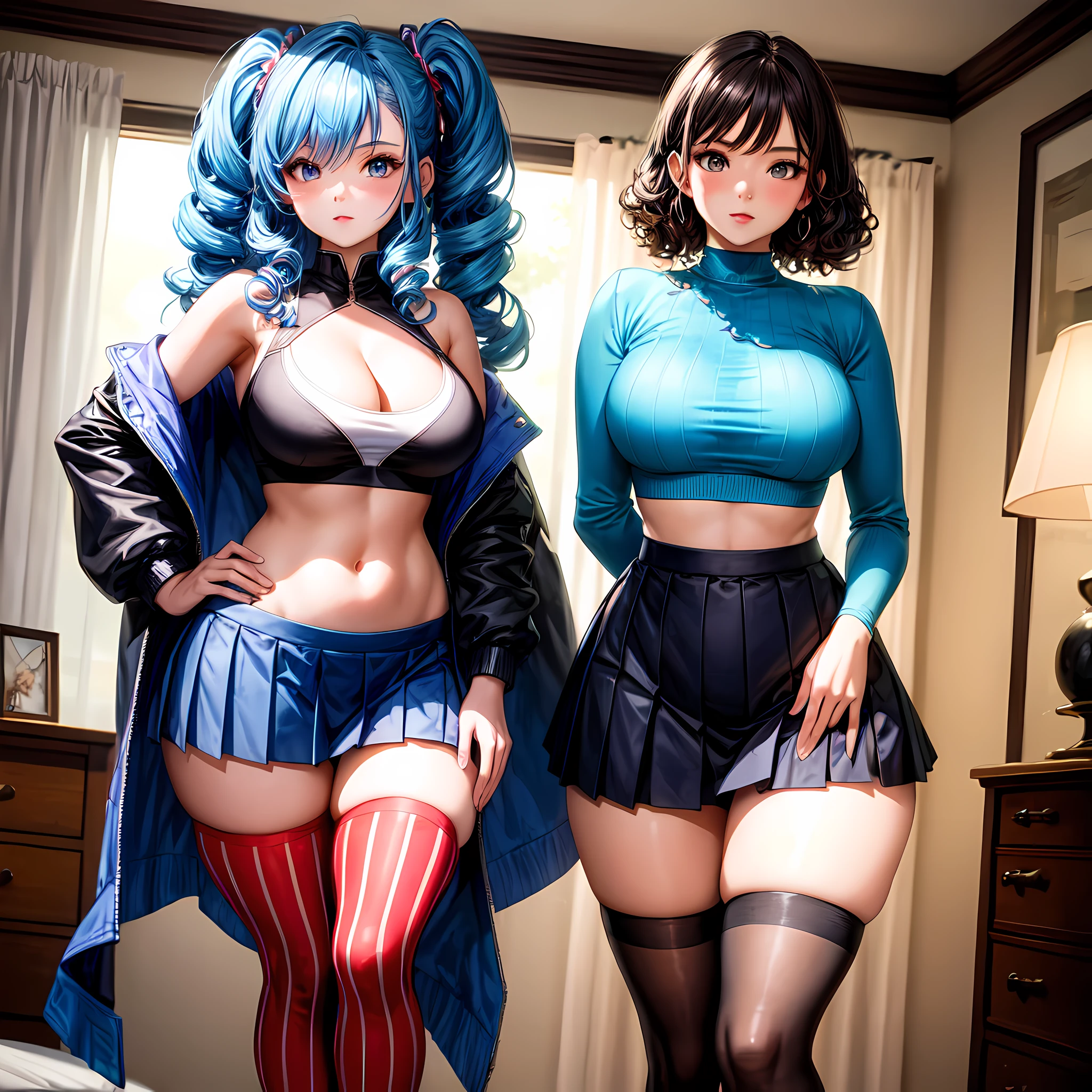 (masterpiece, best quality), 1girl, blue curly hair, crop top, pleated skirt, bedroom, striped thighhighs, cleavage, wide hips, hourglass figure,