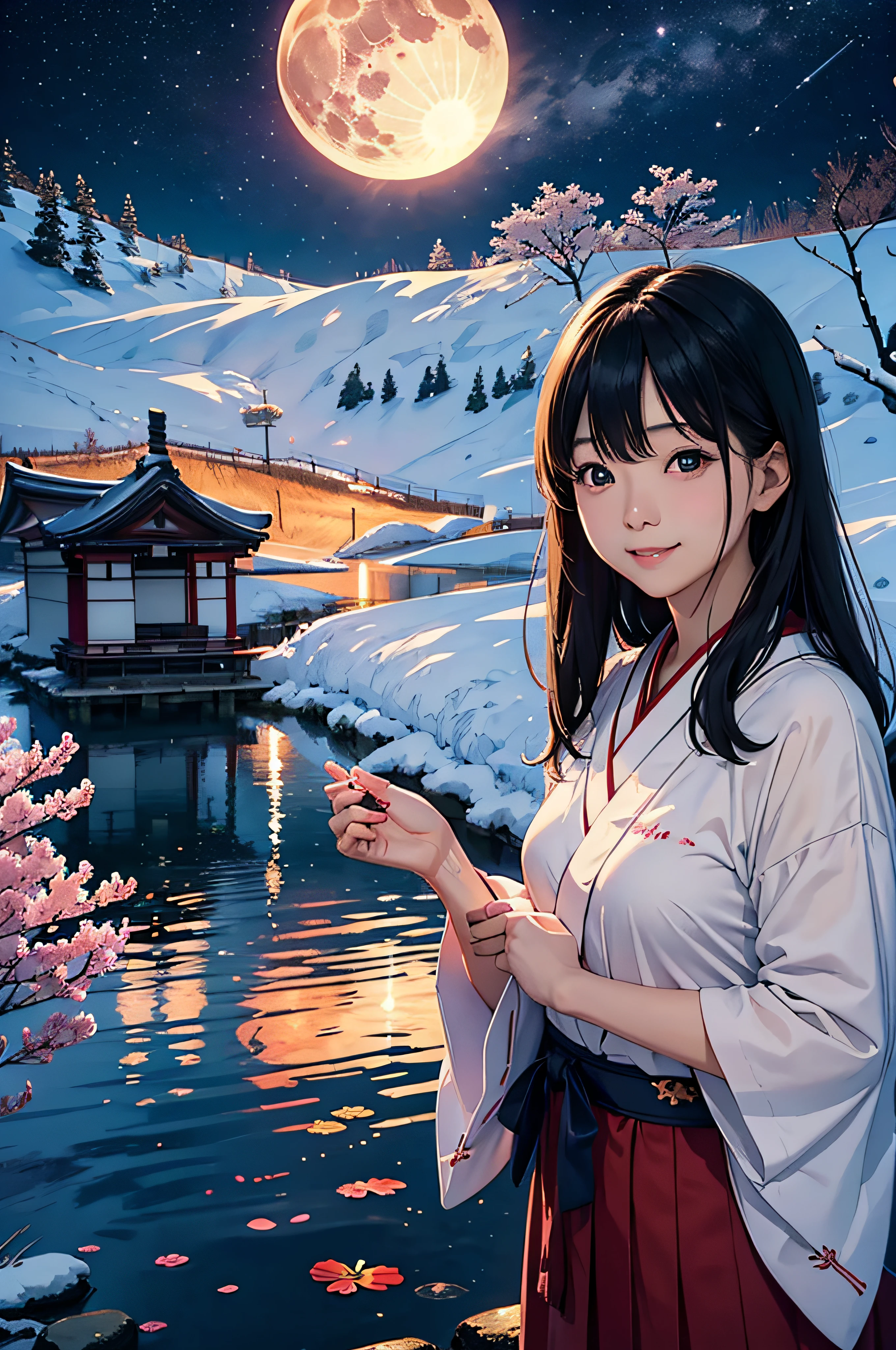 (two womens、A slight smil、Japan woman at 23 years old, Adults、ultra-detailliert、Japan cutest、The Japan is beautiful、Realistic Woman、modeled、Laugh, Best Smile,)、camp、mont、Burning fire、starrysky、natta、fullmoon、lake、teepee、tarp
