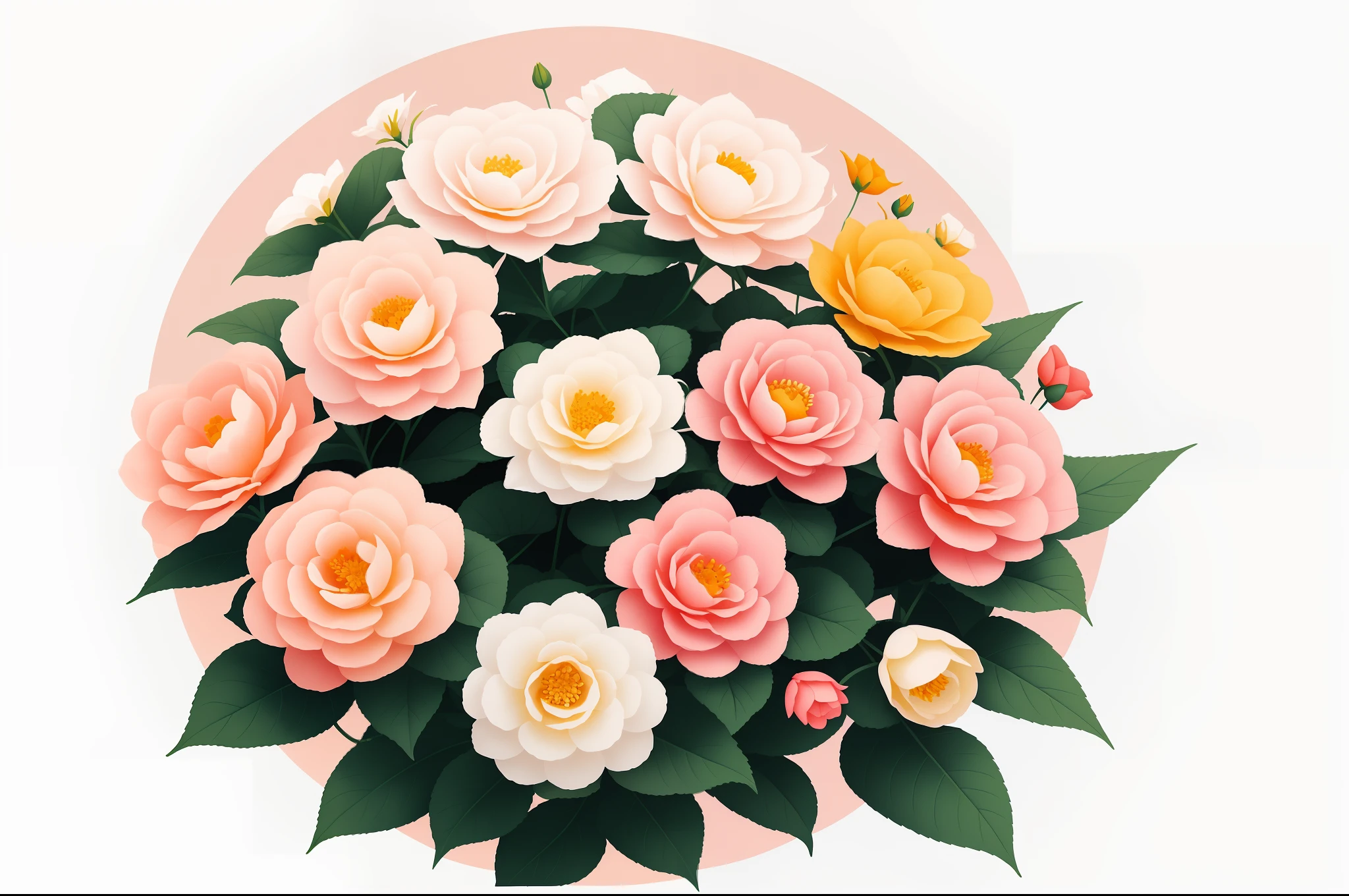 White begonia in the middle、Around a variety of small flowers、A pink circle at the bottom、Elegant digital painting、Detailed artwork