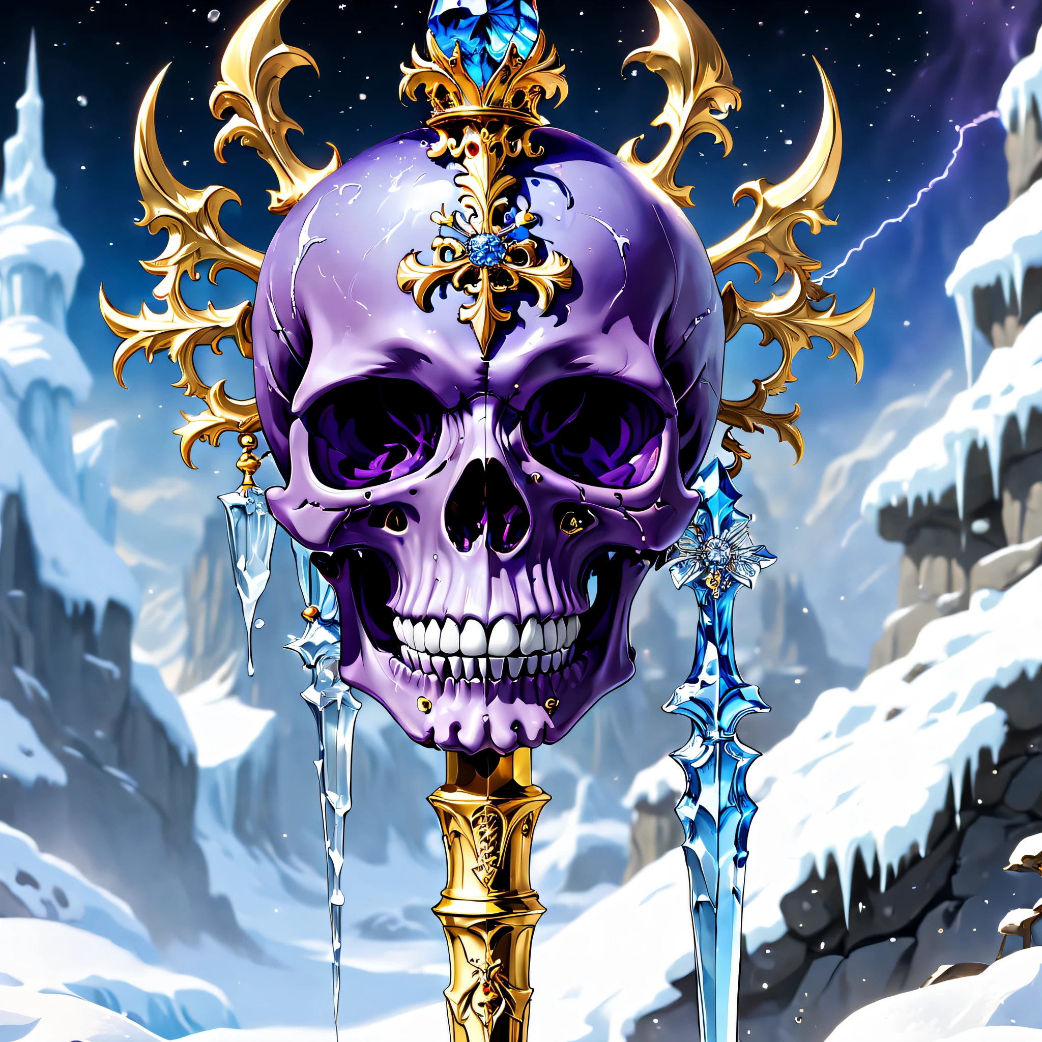 (8K, 16k, Award-winning, Highest quality, Highest resolution, Super detail, High detail, Anatomically correct, Masterpiece, Stunning beauty), (Skeleton Scepter: 1.3), Skeleton scepter inside icicles，Crystal skull， detailed decoration, Snowflake carving, delicate craftsmanship ,  Legendary scepter, Rare and precious, Intricate details, The scepter is made of a metal called orichalcum,  (The inside of the scepter is engraved with ancient characters: 1.2), Golden scepter, Trapped in a world of ice and snow.Golden flame,Purple magic,blue lightning,