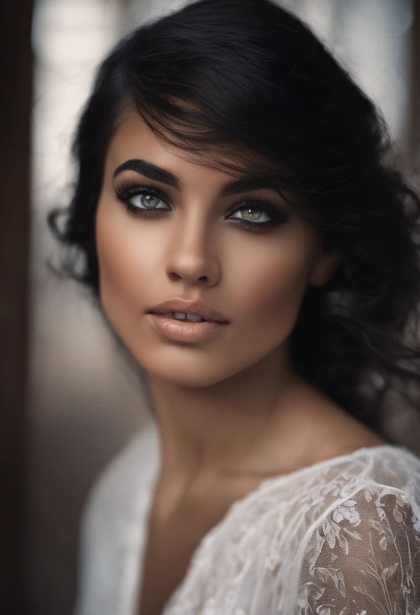 Girl with black hair with a white streak in her hair.Her eyes should have brown and grey Hetrochromia with one eye with white eyelashes