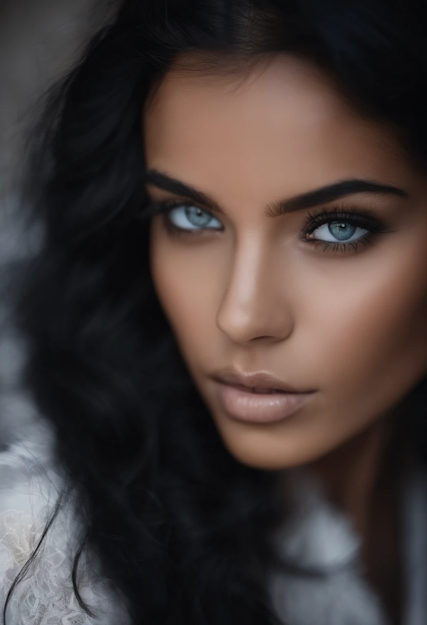Girl with black hair with a white streak in her hair.Her eyes should have brown and grey Hetrochromia with one eye with white eyelashes