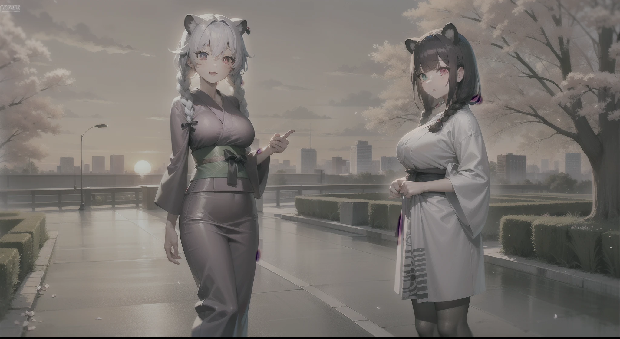 spring, sunset, cherry blossom, city, 2girls, large breasts, sensual yukata, twin braids, eye heterochromia, raccoon ears, full body, best quality, ultra detailed,