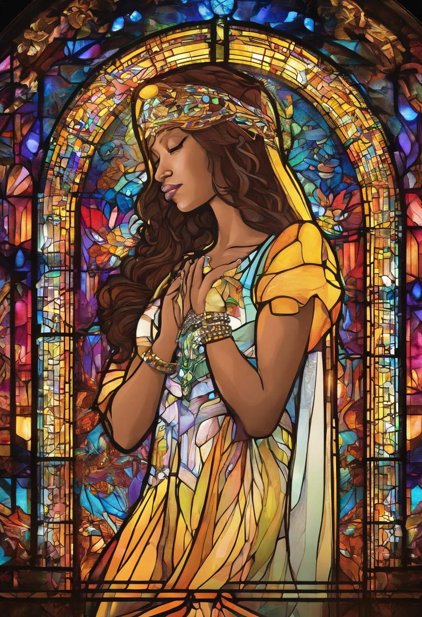 As MC Lyrical explores the unconventional setting of the neon-lit church, she approaches a particular stained glass window, and to her amazement, it portrays her as a prophetic figure of rap. In this stained glass masterpiece, she stands tall, adorned with her iconic bling and an aura of power, surrounded by radiant beams of light. Her hands are raised in the prayer position, reminiscent of her earlier rap battle stance.