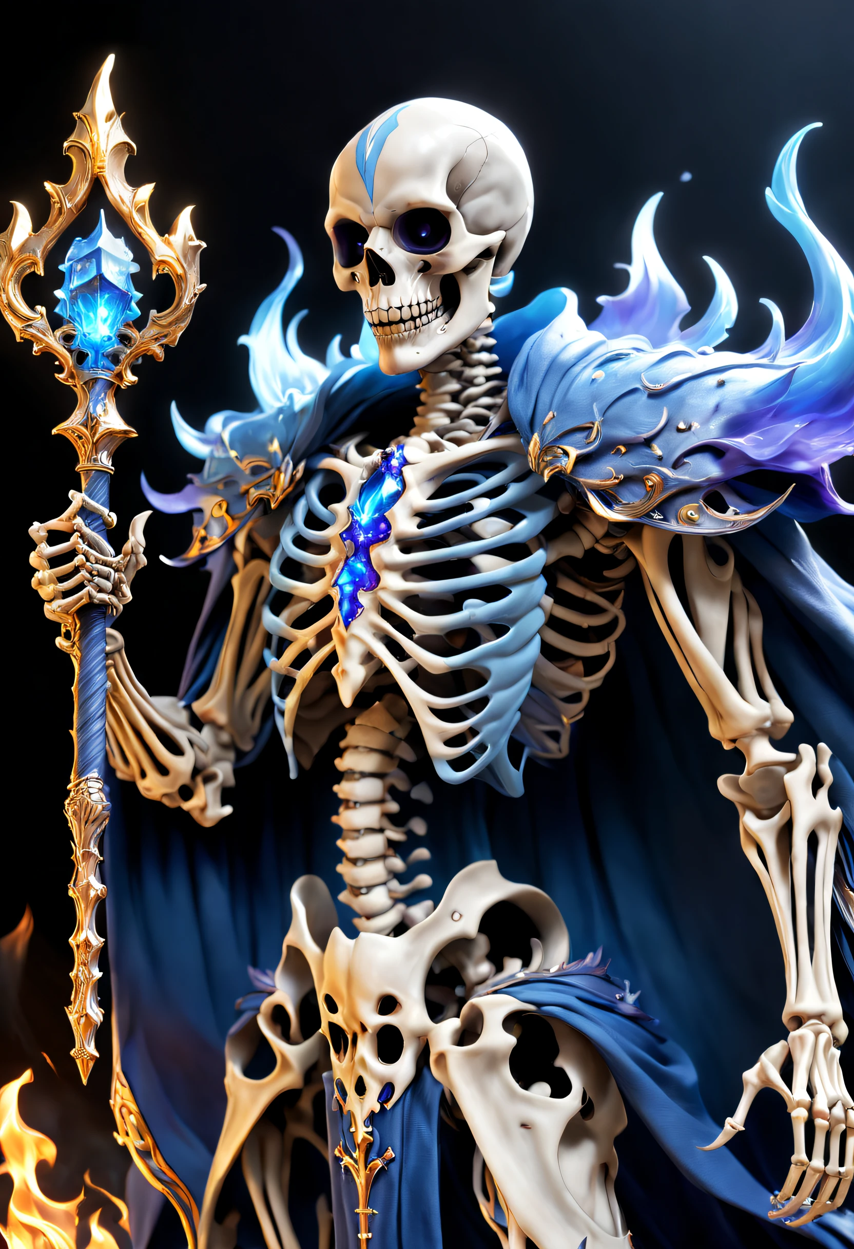 (Best quality,4K,A high resolution,Masterpiece:1.2),Ultra-detailed,Realistic:1.37,skeleton warrior,Blue cloak,Flames,Hold a handle (Skeleton Scepter: 1.3),Golden flames shining in the skeleton's eyes,Come out of the flames,Purple magic,blue lightning,Official artwork,Ultimate aesthetics,light and shadow perspective,Powerful muscles,Fierce eyes,unparalleled,Powerful effects