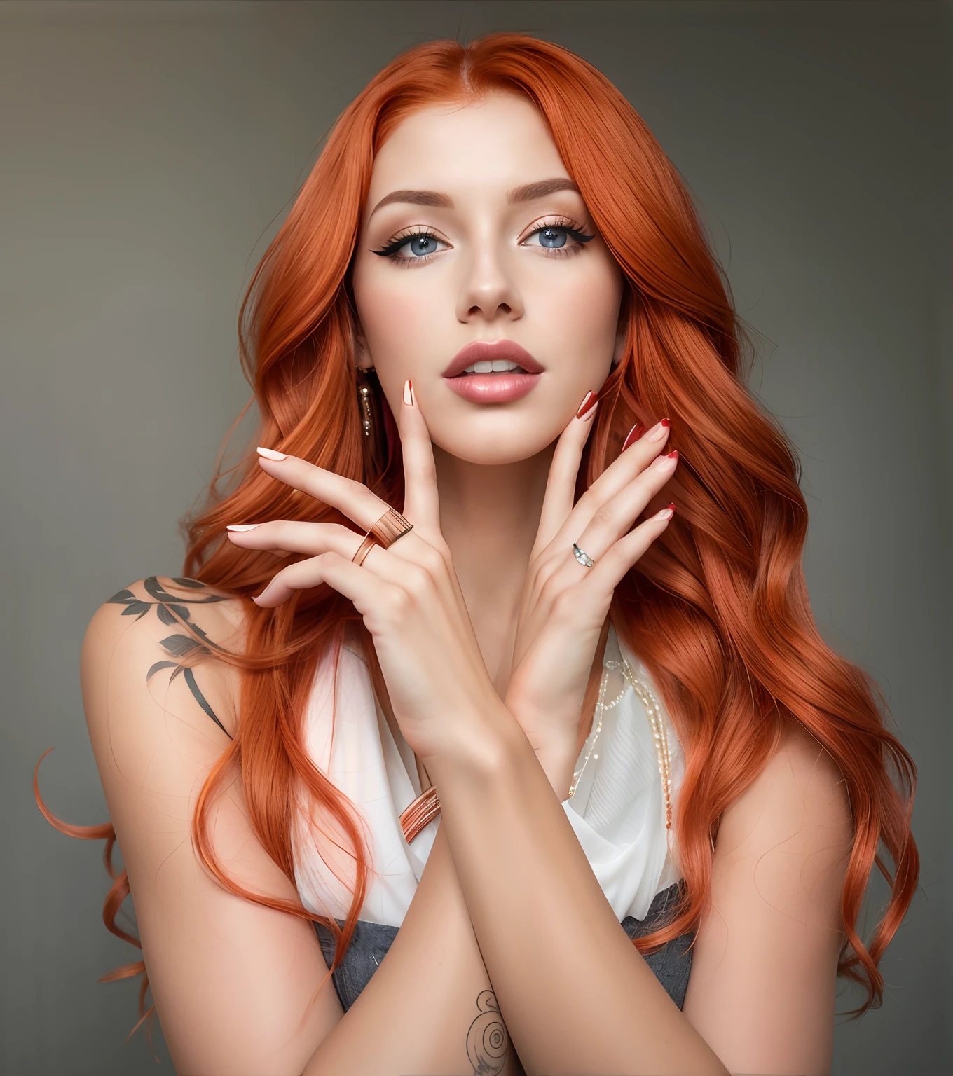 arafed woman with red hair and piercings posing for a picture, ginger wavy hair, hands retouched, flowing ginger hair, photo of a hand jewellery model, katherine mcnamara inspired, red hair and attractive features, coral brown hair, curly copper colored hair, blonde and auburn two toned hair, long loose red hair, cindy avelino, copper hair, album art, Blue eyes