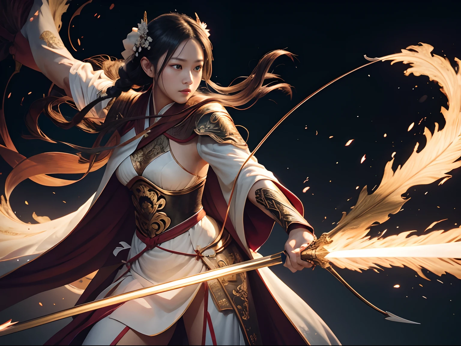 woman,Wearing imperial robes,Arms spread wide,Bow and arrow in hand,swordsmen,Masterpiece,Best quality,超细节的,Broad perspectives,photorealestic,illustration,Renderer,illustration,Matsuki,Dissection is correct