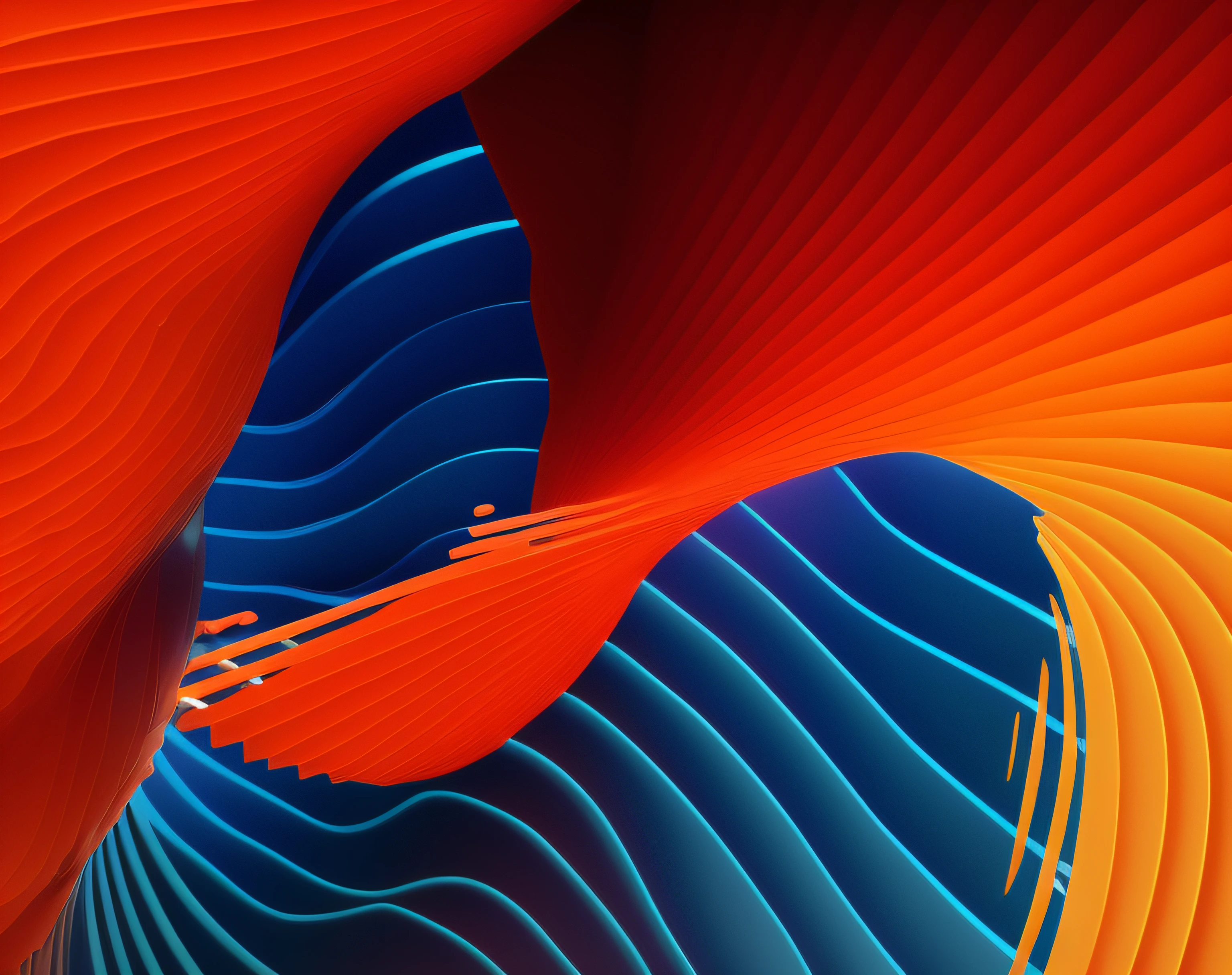 Colorful abstract photograph of a curved structure with a blue sky in the background, Cores laranja e azul, 3d arte digital 4k, cores azuis e laranjas fortes, Arte 3D abstrata, abstract 3d rendering, cores abstratas, 3d abstract render overlayed, cinema 4d render colorido, Papel de parede 8K, Papel de parede 8K