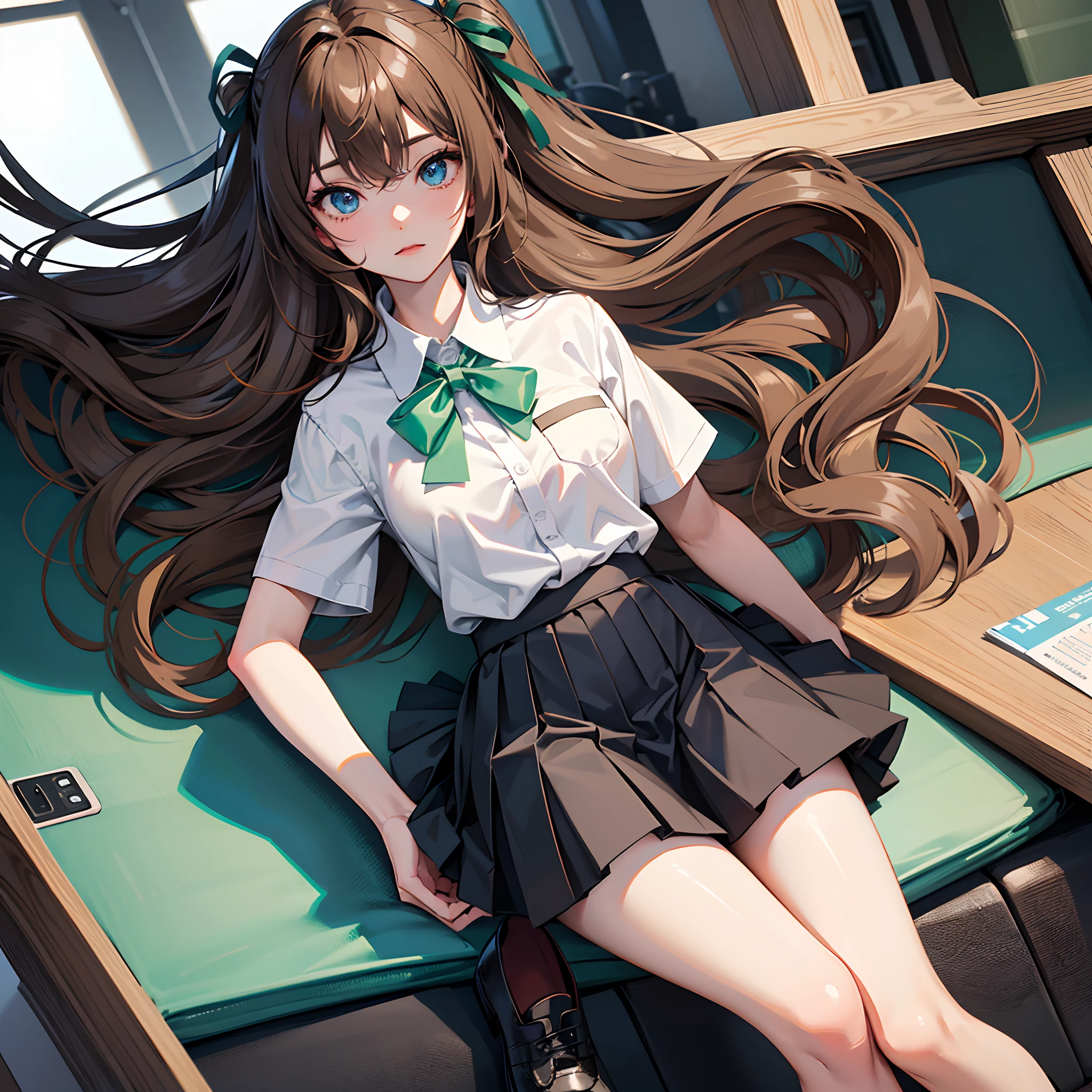 Mikunakano, Miku Nakano, Bangs,long hair, Blue eyes, hair between eye, Hair Ribbon, shairband, light brown hair, Green Ribbon,
BREAK skirt, Shirt, Bow, bow ribbon, School uniform, White shirt, Short sleeves, Pleated skirt, shoes, sox, Collared shirt, Miniskirt, bowtie, Black footwear, knee high, Green skirt, Black socks, lowfers, green bow, Sweater Vest, Green Ribbon,,
Break indoors, crass room,
BREAK looking at viewer, BREAK (masterpiece:1.2), Best Quality, High resolution, Unity 8k壁纸, (Illustration:0.8), (Beautiful detailed eyes:1.6), extra detailed face, Perfect Lighting, extremely details CG, (Perfect hands, Perfect Anatomy),