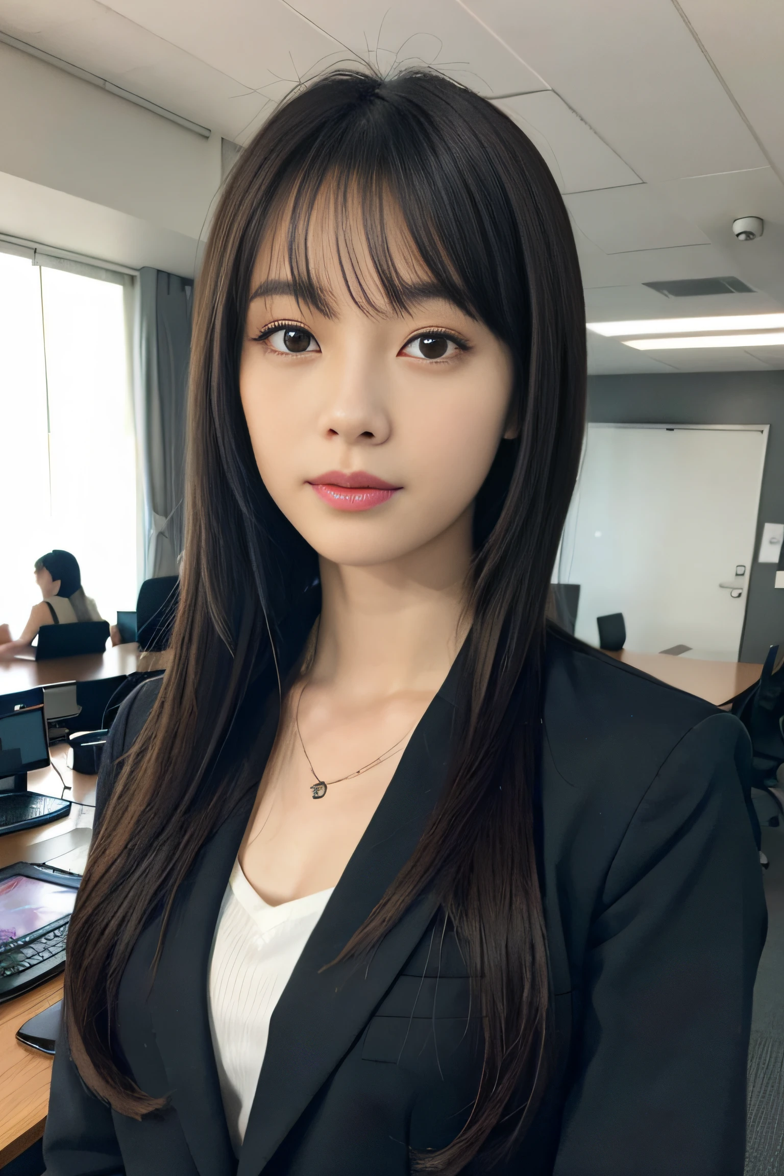 Un hiperrealista、high resolusion、Fondo de pantalla de 8k、ighly detallado、best illustration、Ojos bellamente detallados、highest qualityr、Ultra-detallado、obra maestra、Una cara detallada、solo、1 chica en、Mirando a los espectadores、Una cara detallada、en una oficina、seria、Cabello largo y lacio、La parte superior del cuerpo、Usar una camisa de oficina, traje negro,