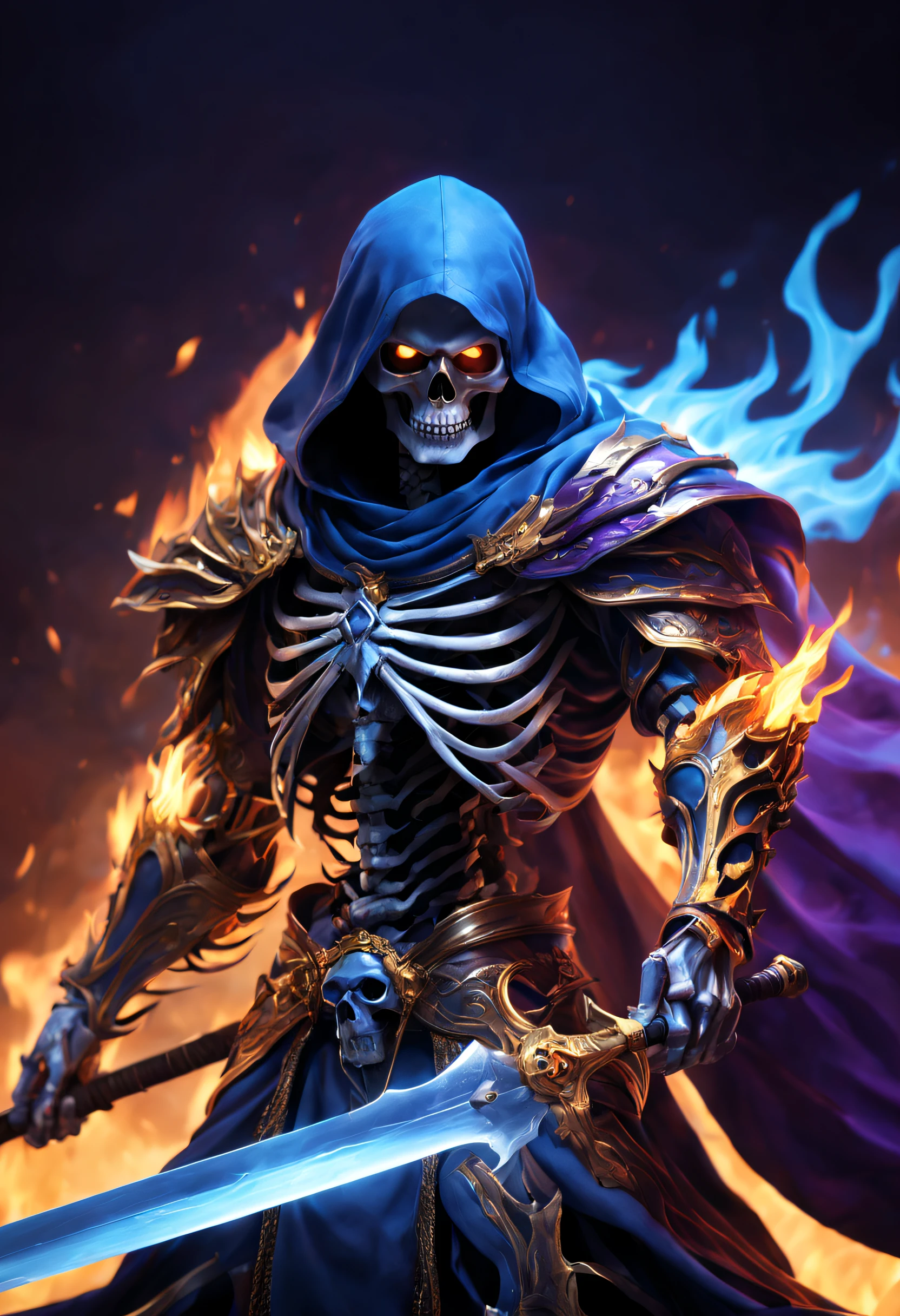 (Best quality,4K,A high resolution,Masterpiece:1.2),Ultra-detailed,Realistic:1.37,skeleton warrior,Blue cloak,Flames,Holding a long sword,Golden flames shining in the skeleton's eyes,Come out of the flames,Purple magic,blue lightning,Official artwork,Ultimate aesthetics,light and shadow perspective,Powerful muscles,Fierce eyes,unparalleled,Powerful effects