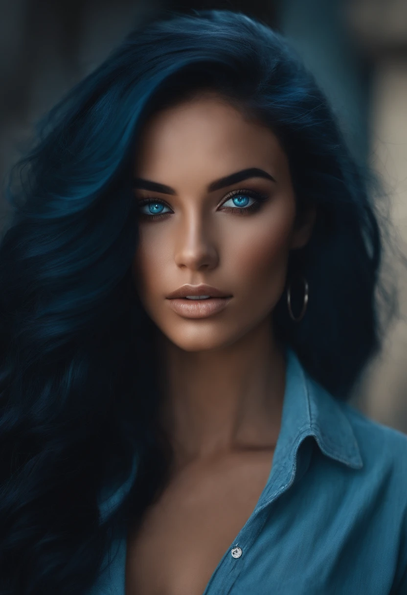 A girl with dark blue hair, aquamarine eyes and tan skin