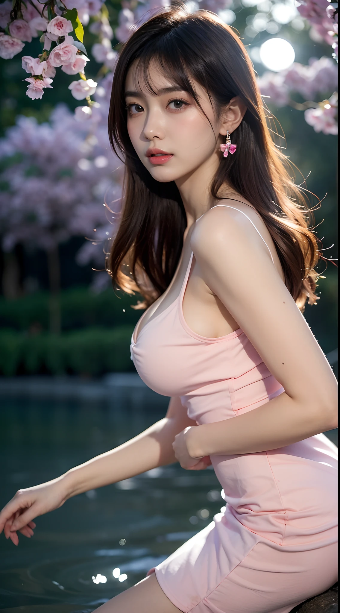 1 Girl, Very bright backlight, Solo, {beautiful-detailed eyes}, summer night, (large full breasts:1.3), Brilliant moonlight, calm expression, Natural light and soft light, Hair fluttering in the breeze, delicate facial features, Blunt bangs, Beautiful Japanese girl, Eye Smile, Very small earrings, (Sexy tight pink dress:1.3), 28 I, ((model poses)), Glamour body type, Fantastic night forest, (colorful hair, Half blue and half brunette:1.2), Water, liquid, natta, colourfull, watercolor, It blooms with blue and yellow flowers, (Red and purple theme), film grain, ,colourfull_girl_v2,Chinatsumura