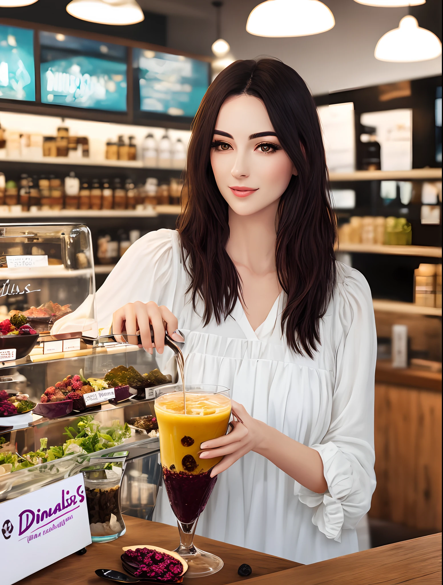 Create an image of a very beautiful woman having a glass of açaí in an açaí shop with the name of Dionis Açaí