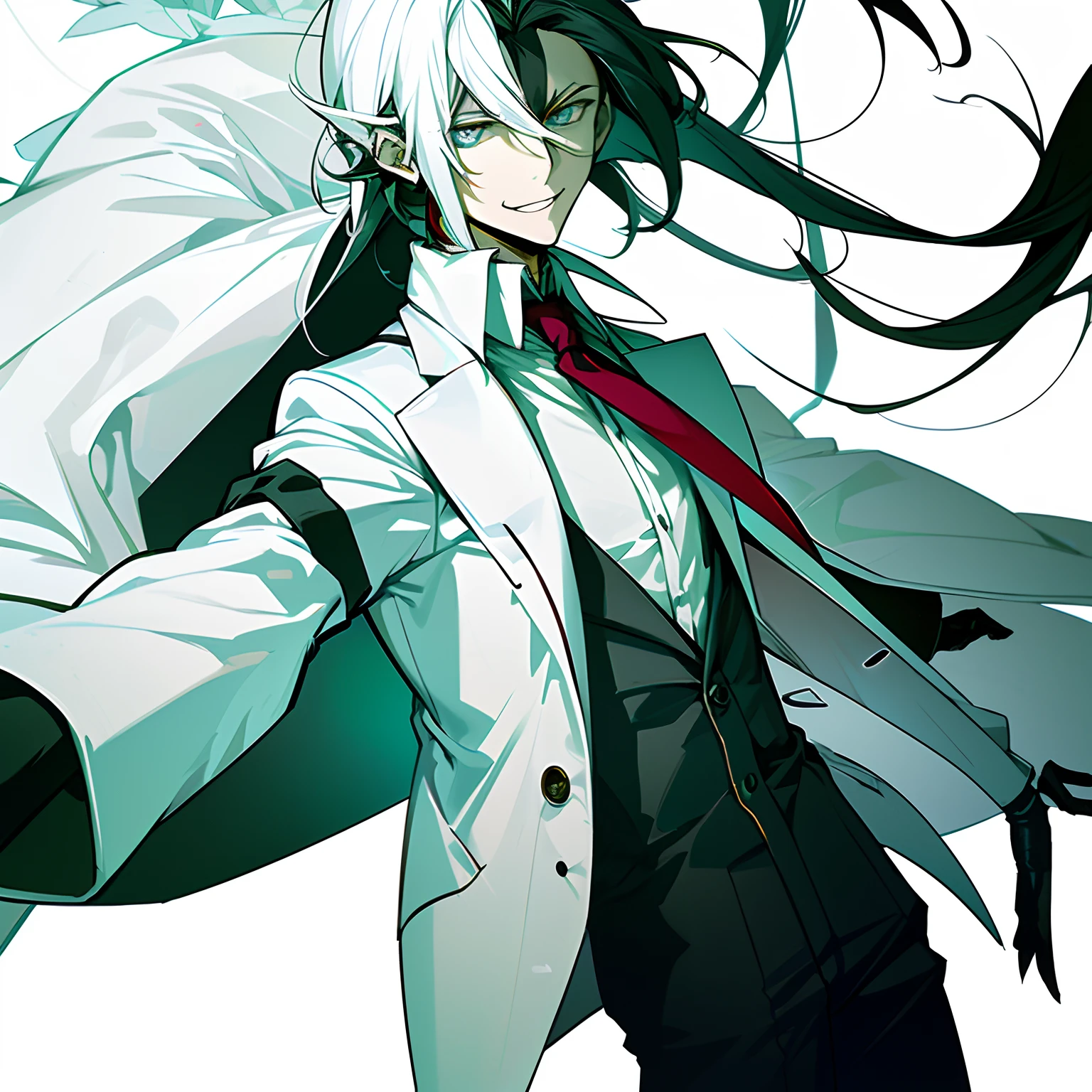 Older teenage Male with white hair, wearing ripped up white suit, Mr Hyde inspired, insane