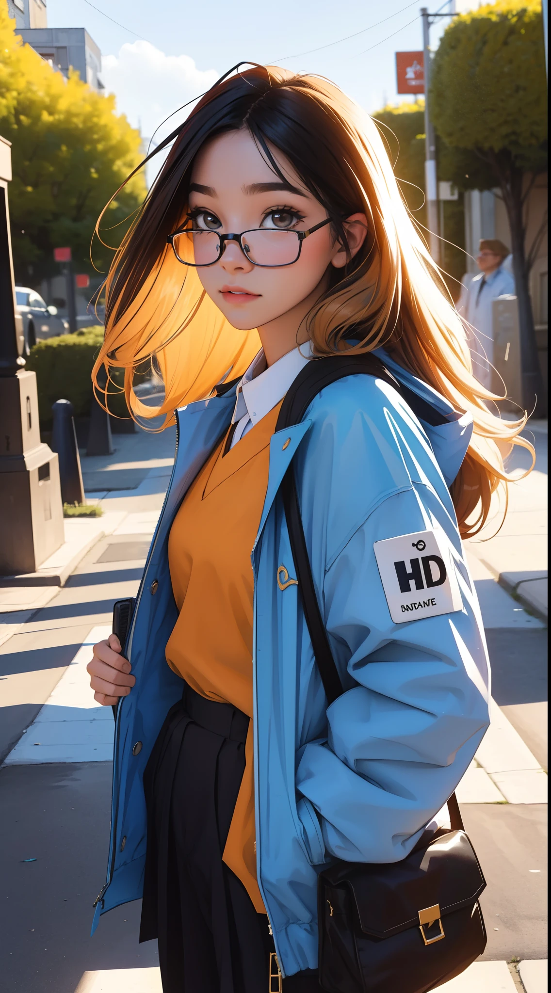 Cosplay 🐐, outdoor,  Uniformescolaire amméricain,porte des lunette ronde, intello,  Une belle fille avec, UHD Portrait, (High quality) (ultra details) Regarder le spectateur en tenue de ville de style hip-hop; different, colourfull, very long hair