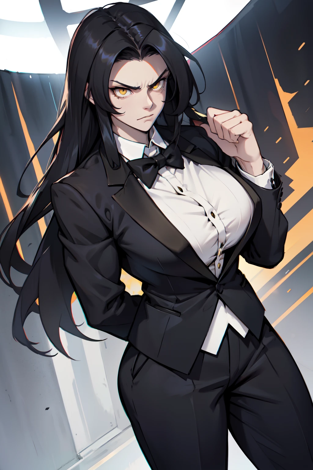 solo, 1 girl, very long hair, black hair, angry, yellow eyes pale skin bodybuilder huge tits ((tuxedo))