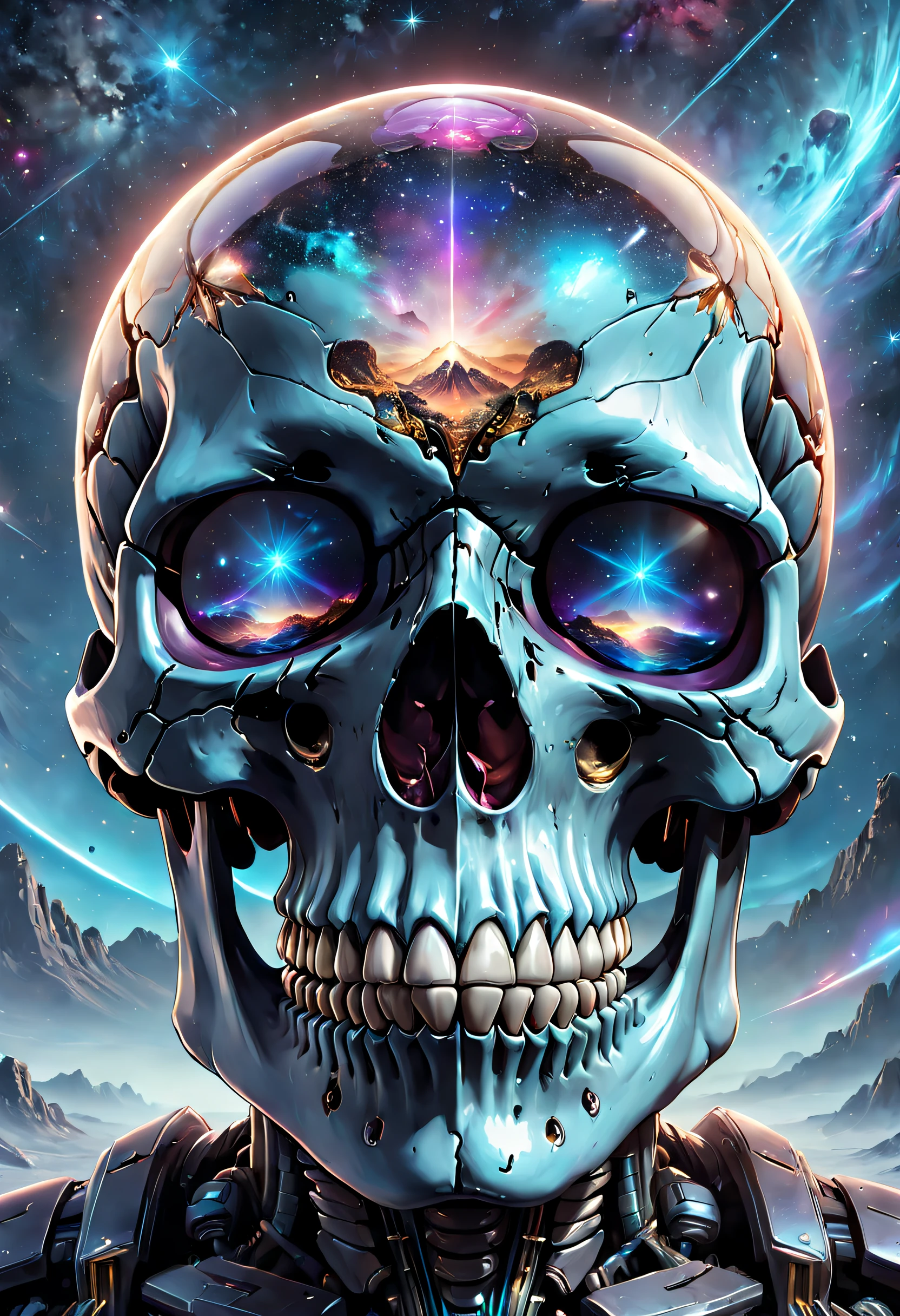 Best quality,A high resolution,Ultra-detailed,Realistic,Extremely detailed skull,Doubleexposure:1.8,Clear crystal skull,Sci-fi starry sky background,Doubleexposure，Interstellar，Endless space，ssee-through，depth of fields，((Masterpiece))，(Best quality))，Magnificent space image scene，Beautiful and colorful crystals，surrealism, Super detail, ccurate, Best quality, hyper HD, Masterpiece, Anatomically correct, A high resolution, 16k，(Best quality,4K,8K,A high resolution,Masterpiece:1.2),Ultra-detailed,Realistic,Transparent ethereal skull，Crystal skull，Futuristic skull，Crystal skull，Futuristic space background，Beautiful sci-fi art, Science-fi digital art illustration, Digital cyberpunk art, science fiction digital painting, futuristic digital painting, futuristic concept art, Interstellar landscape before a sci-fi film, science fiction digital art, Advanced digital cyberpunk art, Fantastic cyberpunk skull，Crystal skull