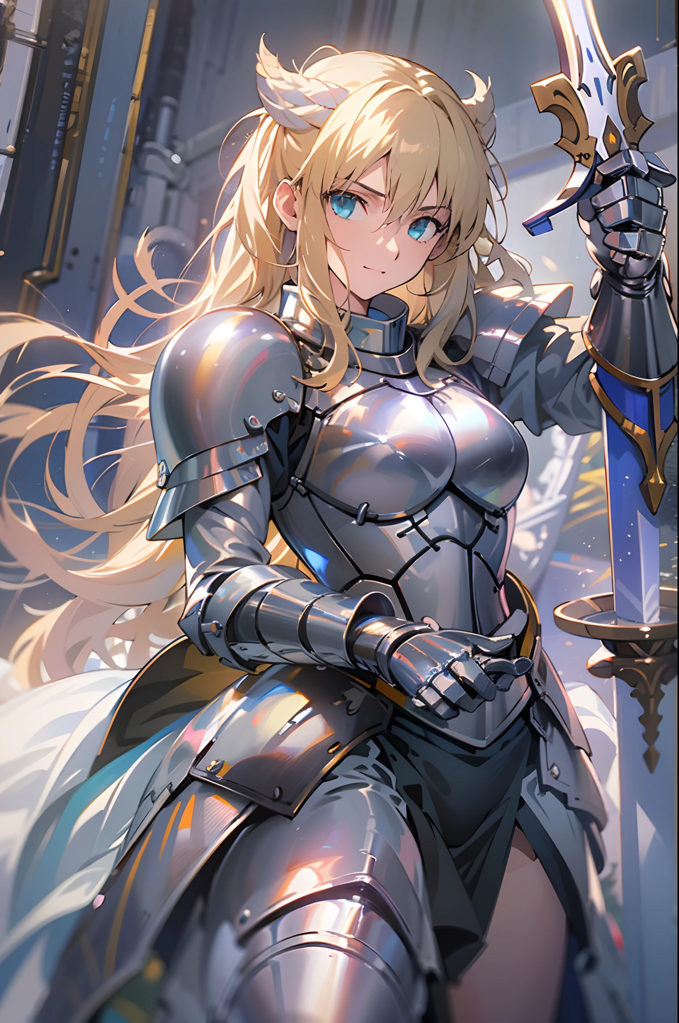 The female knights of Arafed wore full armor，Swords and armor, Female knight, girl in knight armor, bikini armor female knight, beautiful female knight, of a beautiful female knight, Armor Girl, pale black armor, Paladin, female armor, very stylish fantasy armor, with sleek silver armor, fantasy paladin woman, picture of female paladin, grey armor (Best quality,4K,8K,A high resolution,Masterpiece:1.2),Ultra-detailed,(Realistic,Photorealistic,photo-realistic:1.37),Long flowing orange hair, Blue eyes pose for photos, Anime girl, asuka langley sohryu, asuka, Popular on Pixiv, Popular on artstation, double tails, (Anime girl), Digital artwork on Pixiv, About tomorrow's popularity with Pranley Soru on Pixiv, Vibrant colors, vibrant  lighting (Best quality,4K,8K,A high resolution,Masterpiece:1.2),Ultra-detailed,(Realistic,Photorealistic,photo-realistic:1.37), Anime style, long whitr hair, Blue eyes, A girl with blue eyes and long blonde hair stares into the camera, Perfect blonde girl, Young girl with white hair, girl with beautiful white hair, Cute anime girl with blonde hair, Woman with blonde hair, Girl with blonde hair, Young woman with anime aesthetics,female anime character, from girls' frontline.your legs，With an evil smile