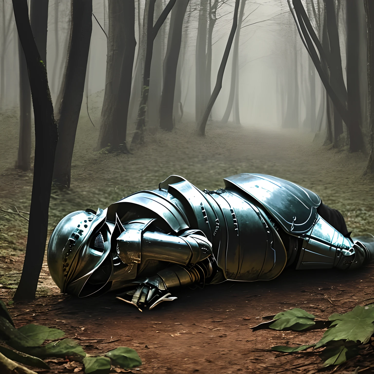 Corpse of a man in armor, Cut in half, in the woods