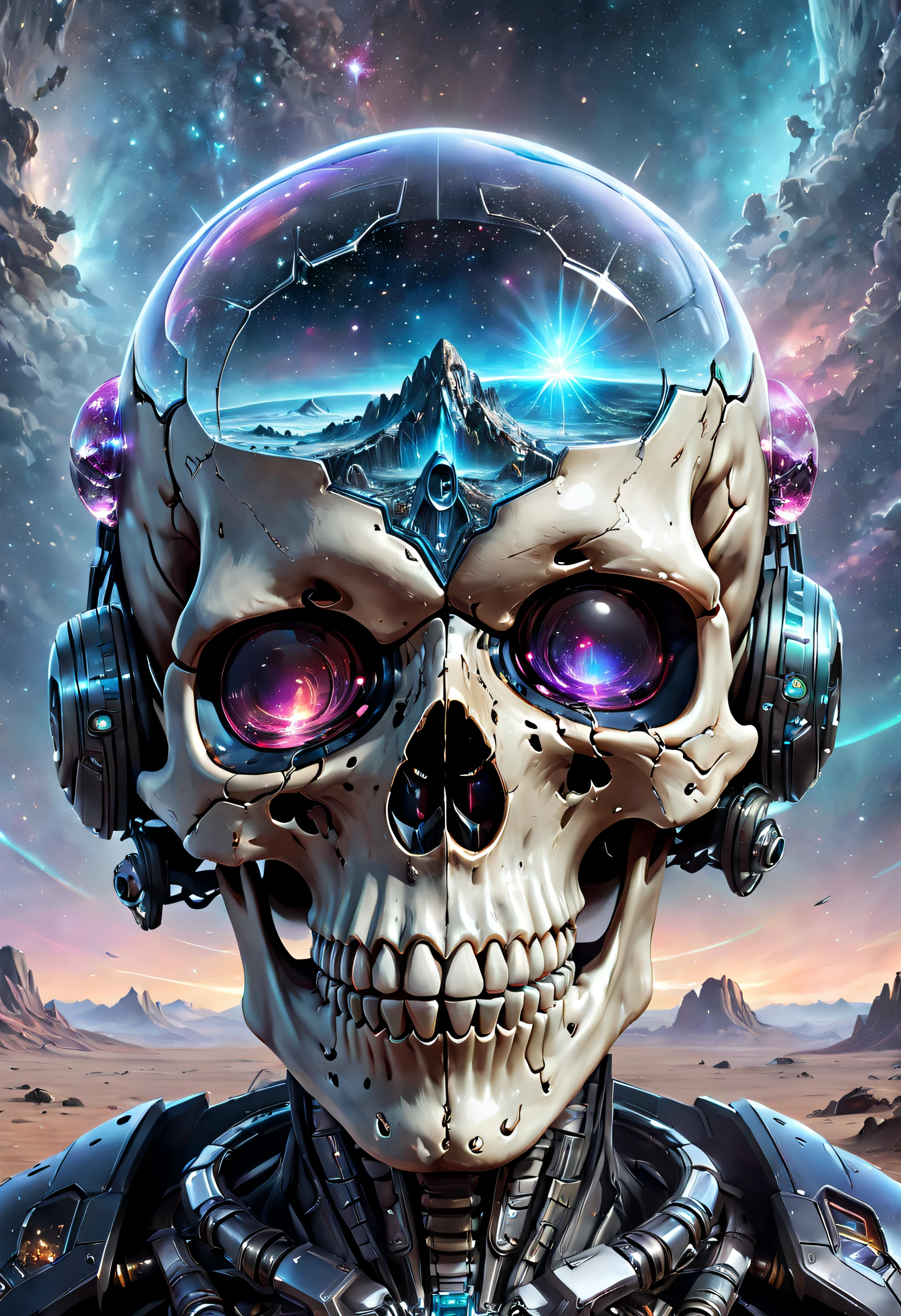 Best quality,A high resolution,Ultra-detailed,Realistic,Extremely detailed skull,Doubleexposure:1.8,Crystal skull,Sci-fi starry sky background,Doubleexposure，Interstellar，Endless space，ssee-through，depth of fields，((Masterpiece))，(Best quality))，Magnificent space image scene，Beautiful and colorful crystals，surrealism, Super detail, ccurate, Best quality, hyper HD, Masterpiece, Anatomically correct, A high resolution, 16k，(Best quality,4K,8K,A high resolution,Masterpiece:1.2),Ultra-detailed,Realistic,Translucent ethereal skull，Crystal skull，Futuristic skull，Crystal skull，Futuristic space background，Beautiful sci-fi art, Science-fi digital art illustration, Digital cyberpunk art, science fiction digital painting, futuristic digital painting, futuristic concept art, Interstellar landscape before a sci-fi film, science fiction digital art, Advanced digital cyberpunk art, Fantastic cyberpunk skull，Crystal skull