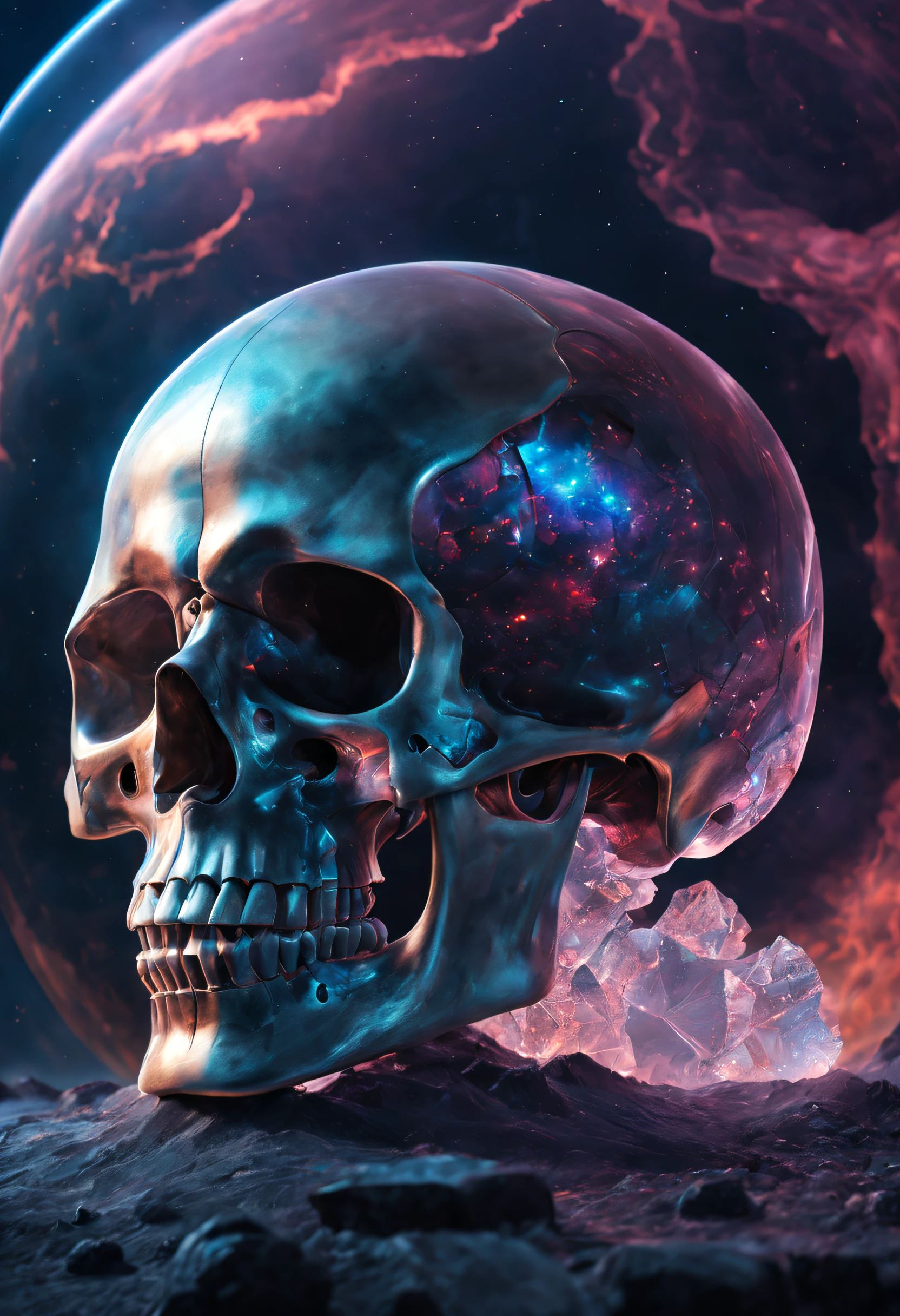 Best quality,A high resolution,Ultra-detailed,Realistic,Extremely detailed skull,Doubleexposure:1.8,Crystal skull,Sci-fi starry sky background,Doubleexposure，Interstellar，Endless space，ssee-through，depth of fields，((Masterpiece))，(Best quality))，Magnificent space image scene，Beautiful and colorful crystals，surrealism, Super detail, ccurate, Best quality, hyper HD, Masterpiece, Anatomically correct, A high resolution, 16k，(Best quality,4K,8K,A high resolution,Masterpiece:1.2),Ultra-detailed,Realistic,Translucent ethereal skull，Crystal skull，Futuristic skull，Crystal skull，Futuristic space background，Beautiful sci-fi art, Science-fi digital art illustration, Digital cyberpunk art, science fiction digital painting, futuristic digital painting, futuristic concept art, Interstellar landscape before a sci-fi film, science fiction digital art, Advanced digital cyberpunk art, Fantastic cyberpunk skull，Crystal skull