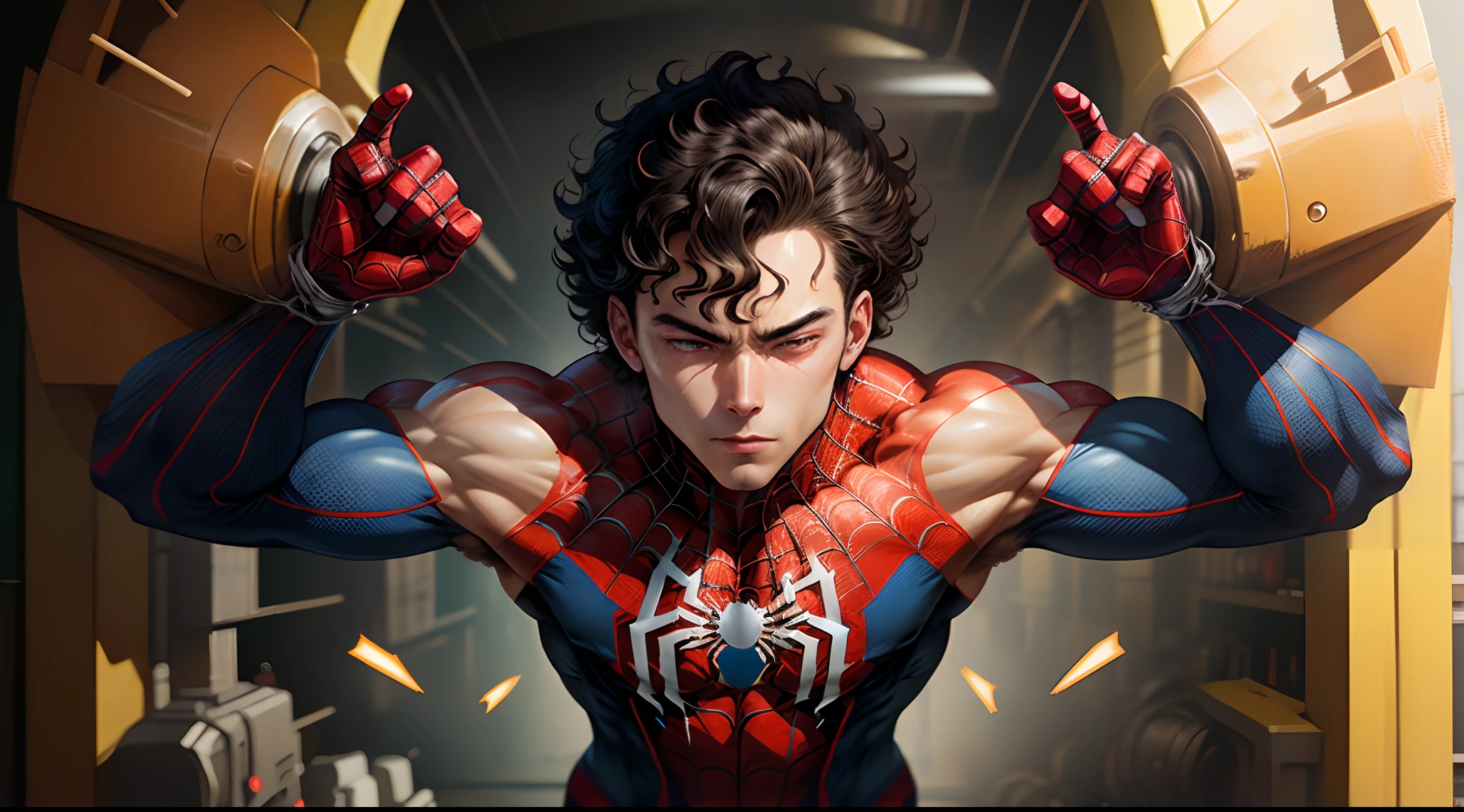 Spider man with dark curly hair tan skin black red and blue suit with electric powers muscular build manga style and vibrant