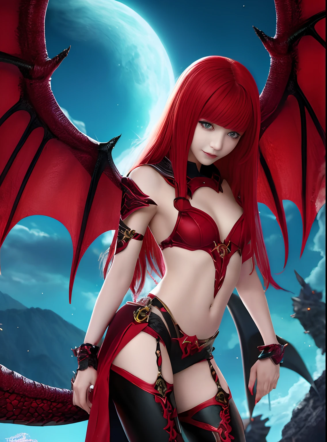 Girl, , Dragon wings, red hair, long hair, small breasts, ((succubus)), sexy