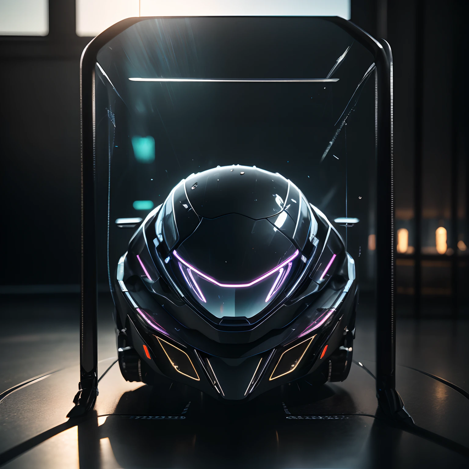 finest image, (8k, RAW photo, realistic), a streamlined motorcycle of the future, crafted with chrome-plated mirror-finish iridescent metal parts and faceted cut and round brilliant cut iridescent jewelry parts, blurry background black iridescent light particles, fine water droplets, detailed and delicate depiction, professional lighting, 3d render digital art