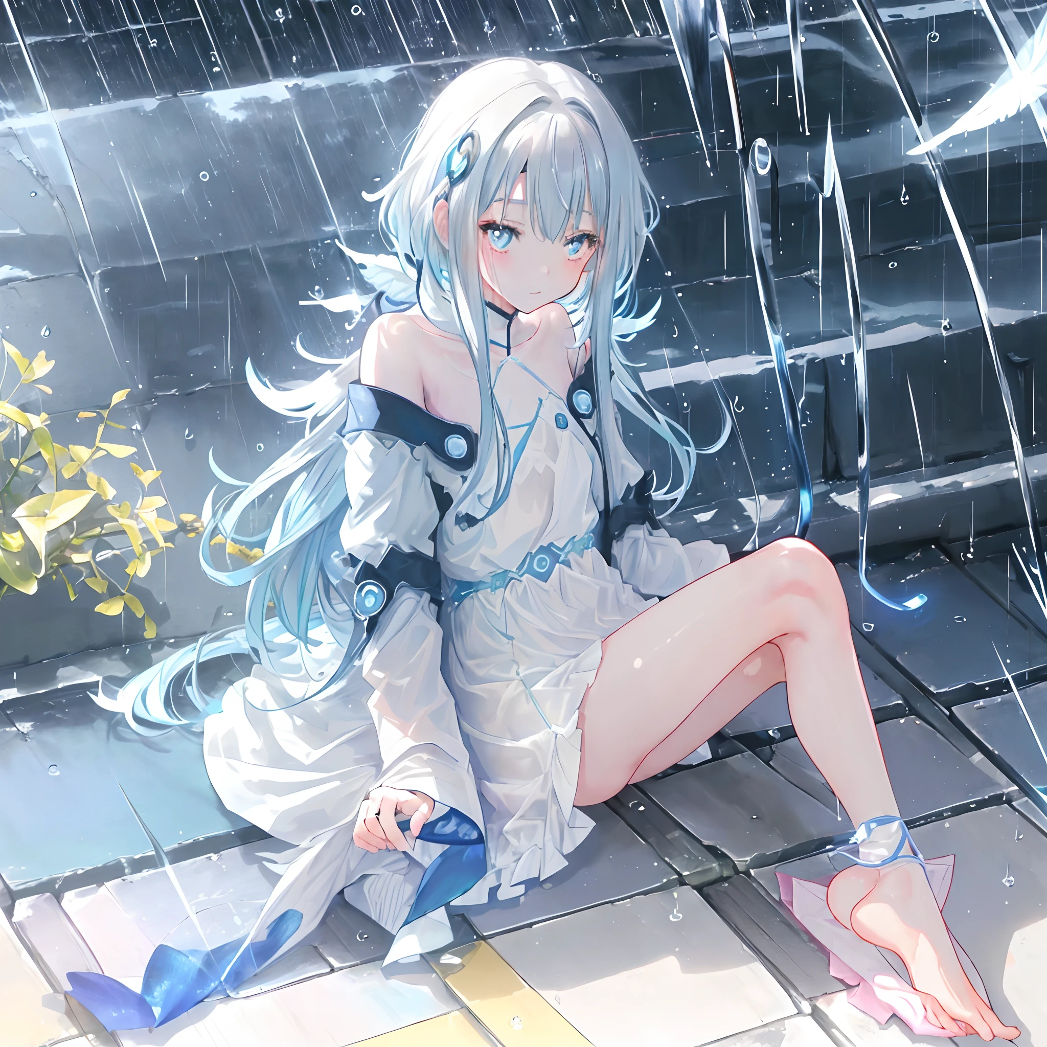 ((A close up)) of anime teen girl, (((((sitting in a street floor))))), (mostly naked), ((barefoot)), (cinematic light), skin is perfectly white, soft, and smooth, ((no nsfw)), Extremely delicate and beautiful CG illustration, small thigh, slim body, best quality, high resolution, dynamic angle, full-length lens, ((1 girl)), (detailed eyes), soft light, high-key lighting), glowing light, feathers fluttering background, blue crystal, ((blue glowing ring around her ankle)), ((((raining: 1.6))))