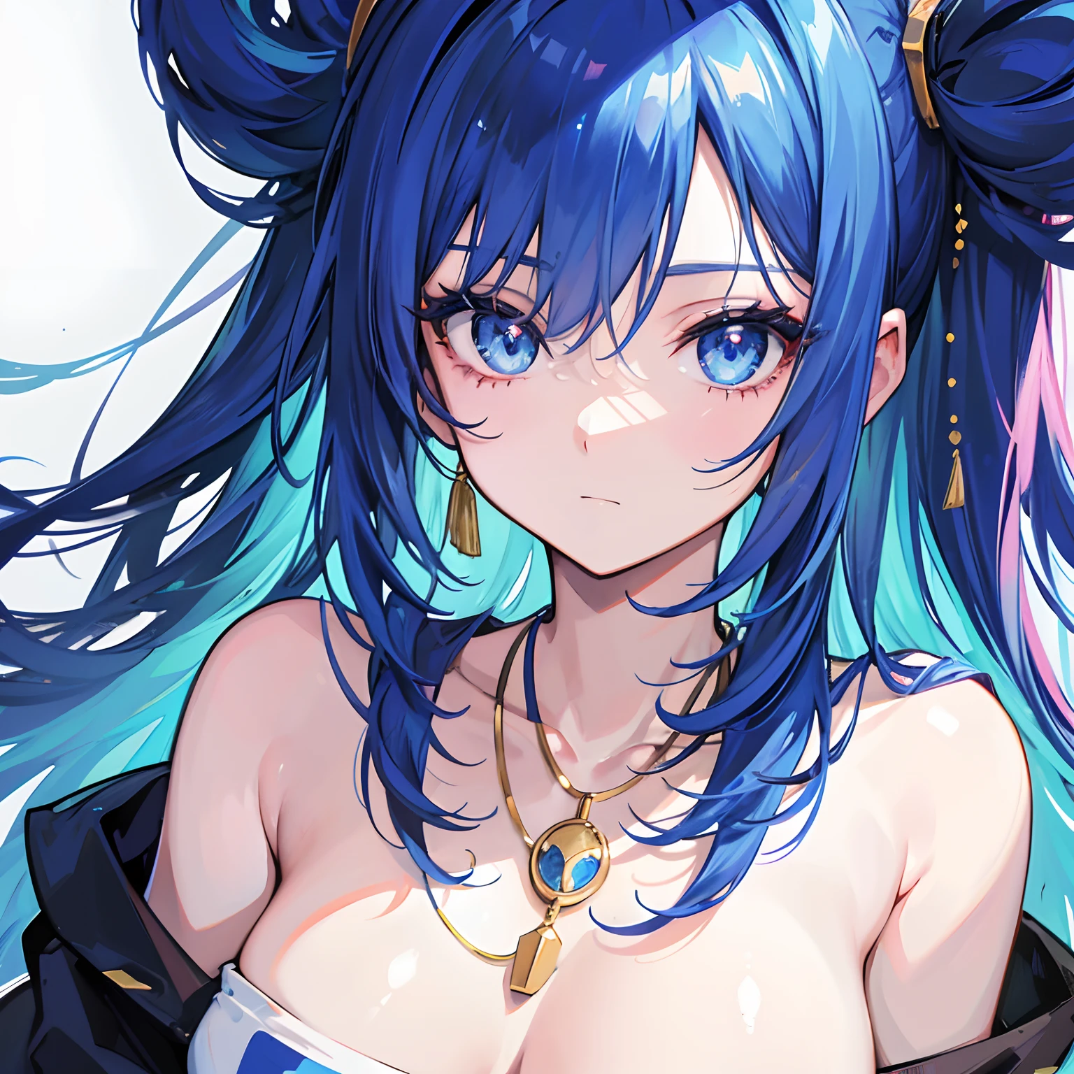 1980 Anime Style ,Close-up, 1 Beautiful woman,Blue hair,Gold necklace around the neck , Off-the-shoulder T-shirt top, Eye Detail,facial details