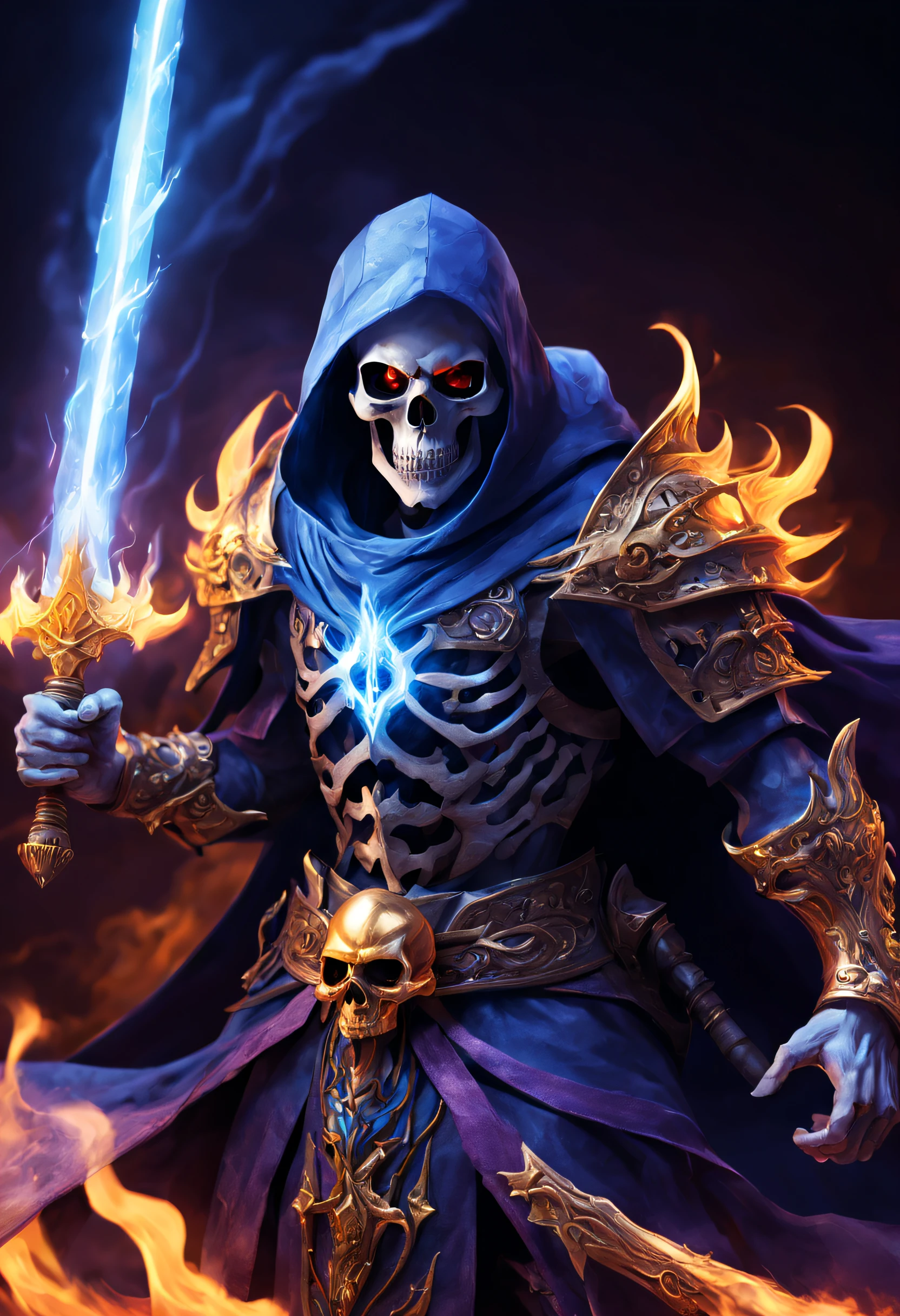 skeleton warrior，Blue cloak with flames，Hold a sword in hand，The skull has golden ghost fire in its eyes，Out of the flames，Purple magic，Blue lightning，Ultra-clear details，offcial art，Extreme aesthetics，light and shadow perspective，Powerful muscles，Fierce eyes，unparalleled，Powerful special effects