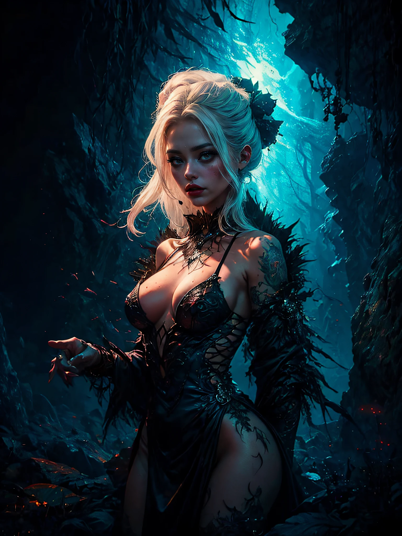 extreme dark forest in background, colorful. sinister, Aurora, mythical and magical, hybrid, erotic pose, pore white hair, small tits, big eyes, body covered with tattoo, red lips, erotic, dark light, black dress, fatale seduction