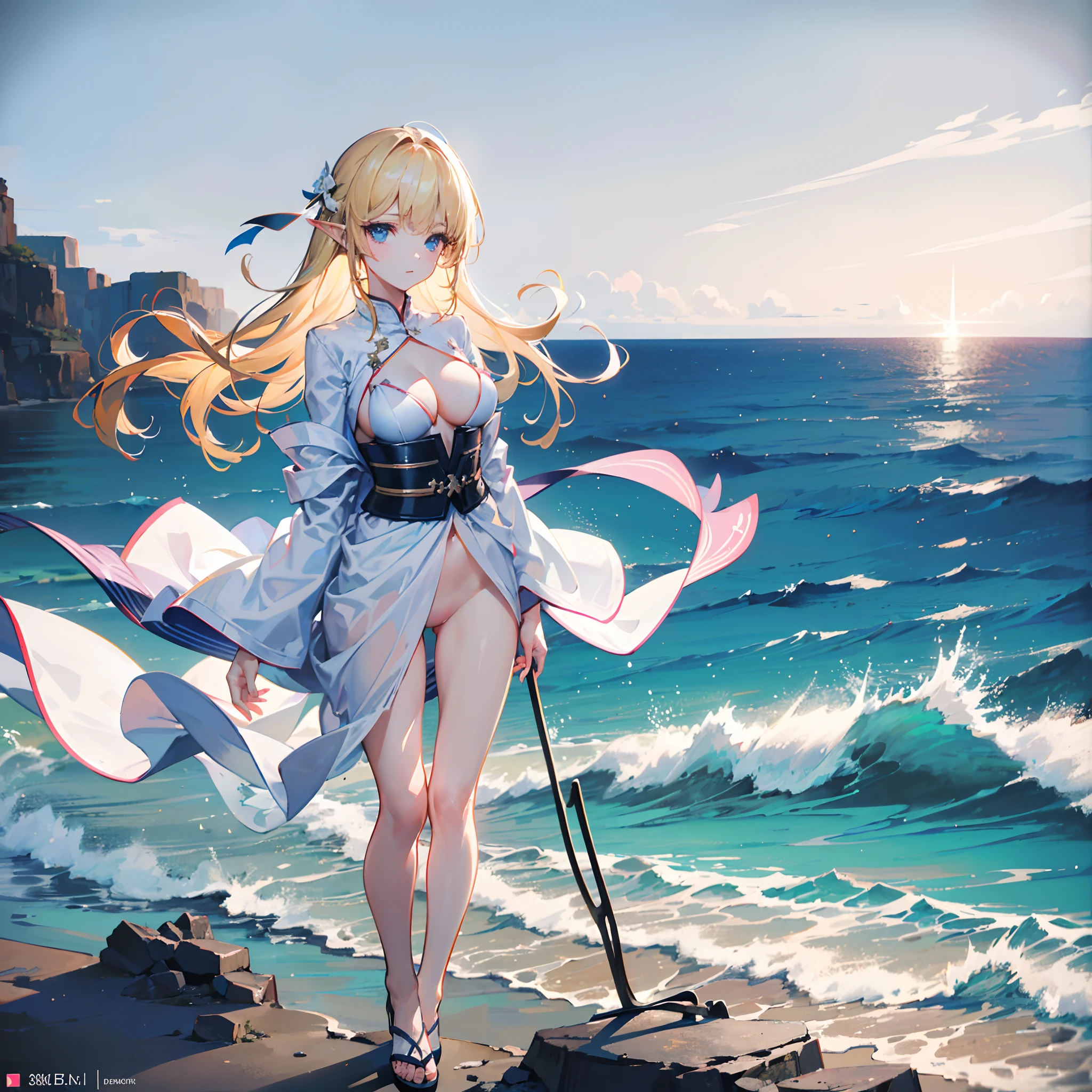 ((Masterpiece)), (((Best quality))), ((Ultra-detailed)),  (Amazing:1.1), Beautiful, Nature, Cliffs and waves, Big wind, wind blown, Line Cloud,Light shoot from the cloud,White sea foam, (Stand on a rocky reef with high and low elevations：1.4)，(1 girl:1.3),Solo,elf,blonde with blue eyes,Long hair,(Greek white robes：1.3),(The upper thorax is cut outward:1.3),(Lateral pubic incision:1.3), an award winning photograph, BLN-L24, exposure,High contrast,Low saturation,High saturation 8k 3D, F 2.8lens, Aerial view, Cinematic lighting