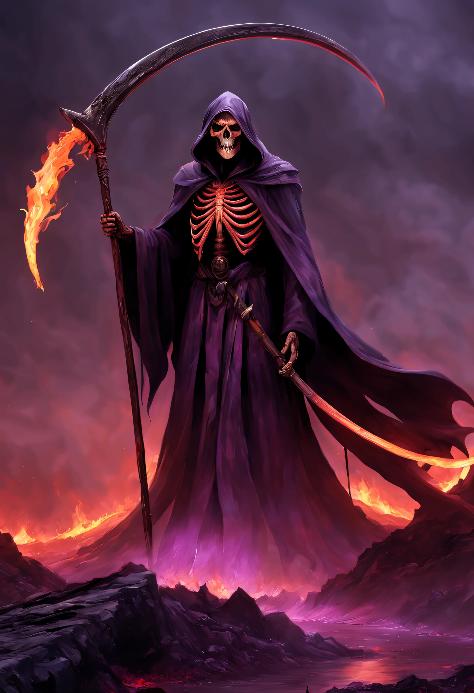 best quality, ultra-detailed, realistic:1.37, dark atmosphere, eerie lighting, hellish landscape, messenger from hell, giant grim reaper, scythe towering from bottom to top, gloomy, magma, flames, (purple flames:1.3), blood on the ground, blood pool, dripping blood