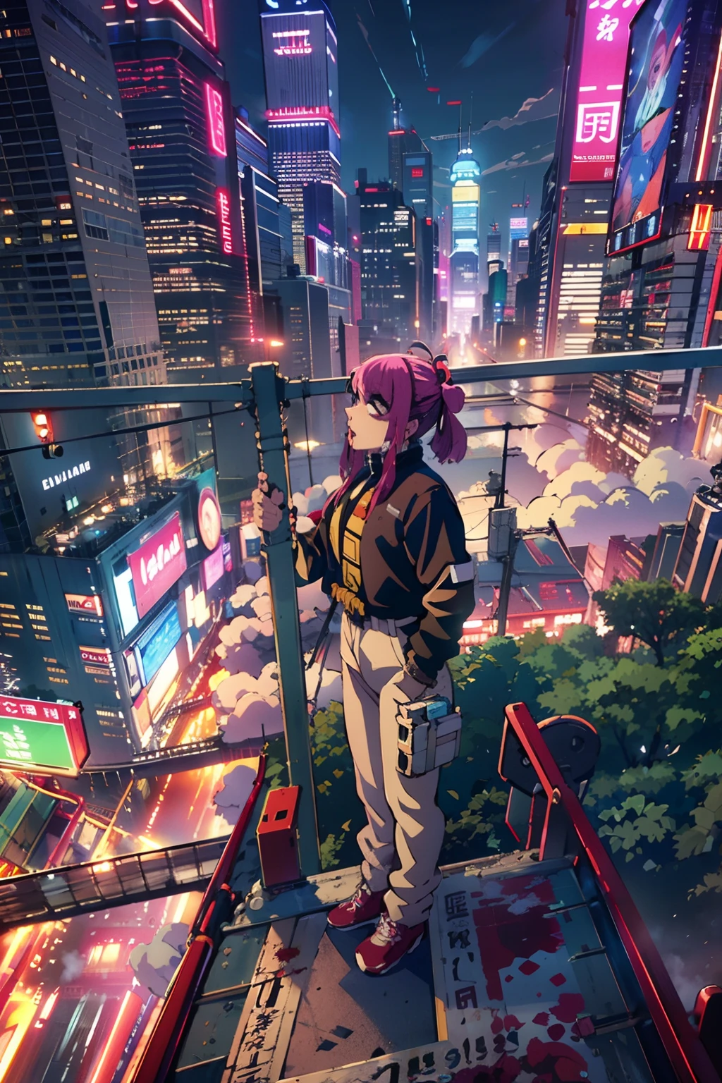 Anime-style protagonists、Colorful clothes、machine gun、pistol、Blood throughout the body.、Shoot from the knee up..、The beginning of the adventure、Lots of clouds,Fog、big moon、lightning、The busy city of the future、dystopia、A group of very tall skyscrapers stands in the center..、Very complex cityscape,Crowded Chinese skyscrapers、High Radio Tower、trees、Road signs、street light、taxi、bus、train、warm light,Dark Street、pond、confused、Beautiful and breathtaking scenery..、Cinematic scenery、High Quality、Masute pieces,In 8K、high-res、Rengoku