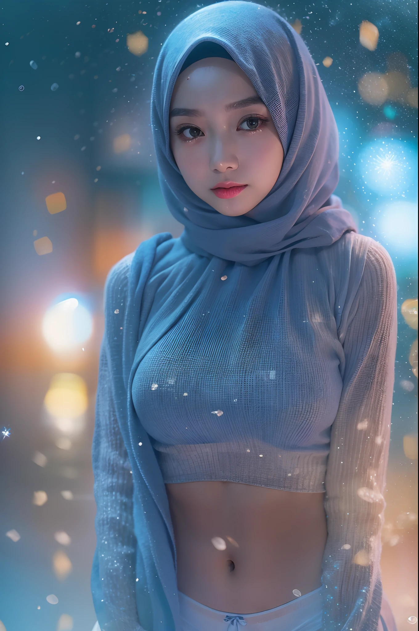 1 malay girl , modern pom-pom hijab,  shy, medium portrait shot , watery  eyes , blue glowing particles, wear pastel blue high waist panties and bra, blue bokeh light background, bright front light, high quality, ultra detail, 8k,