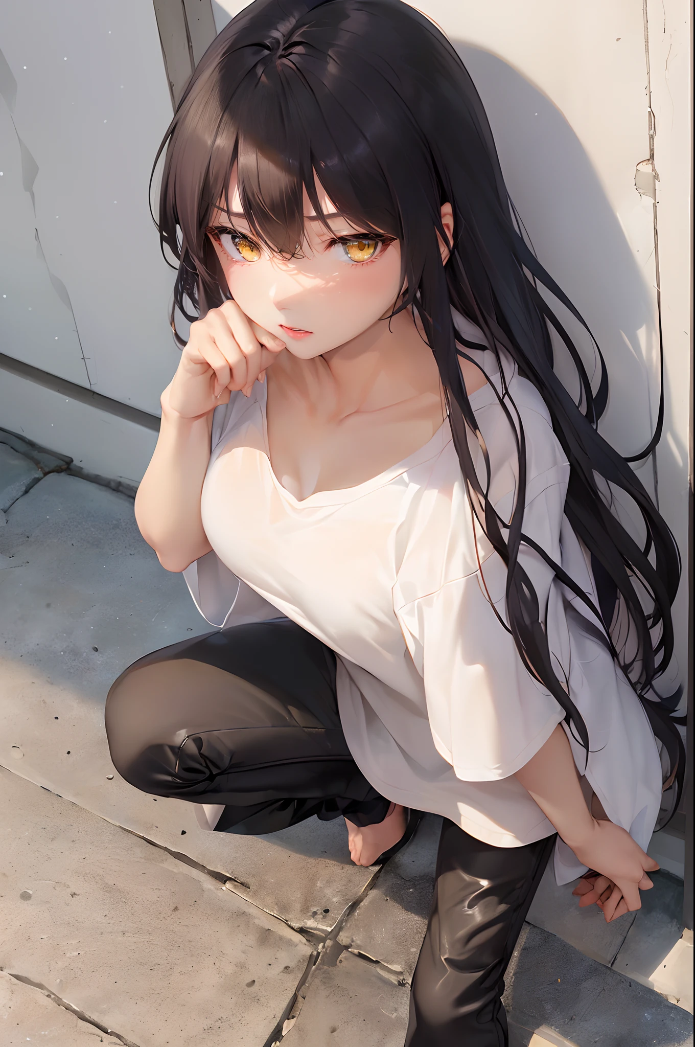 (4K works))、masterpiece、(top-quality)、In front of the wall、Korean female、adult woman、((Adult 26 years old))、((Face similar to Hyun Jin))、cool lady、tall、((Glaring expression))、((Sleepy face))、((Strong eyes))、((Wearing a white T-shirt and a black hooded jacket、Wearing long black pants))、((Wear a black mask))、((smaller face))、Slim body、((How to stand selling fights))、((Cheeky way of standing))、((Bad girl))、((Black long-haired))、((Yellow eyes))、((shot from front))、((Looking down on the viewer))、((rearing))、((Shot alone))、((Solo Photography))