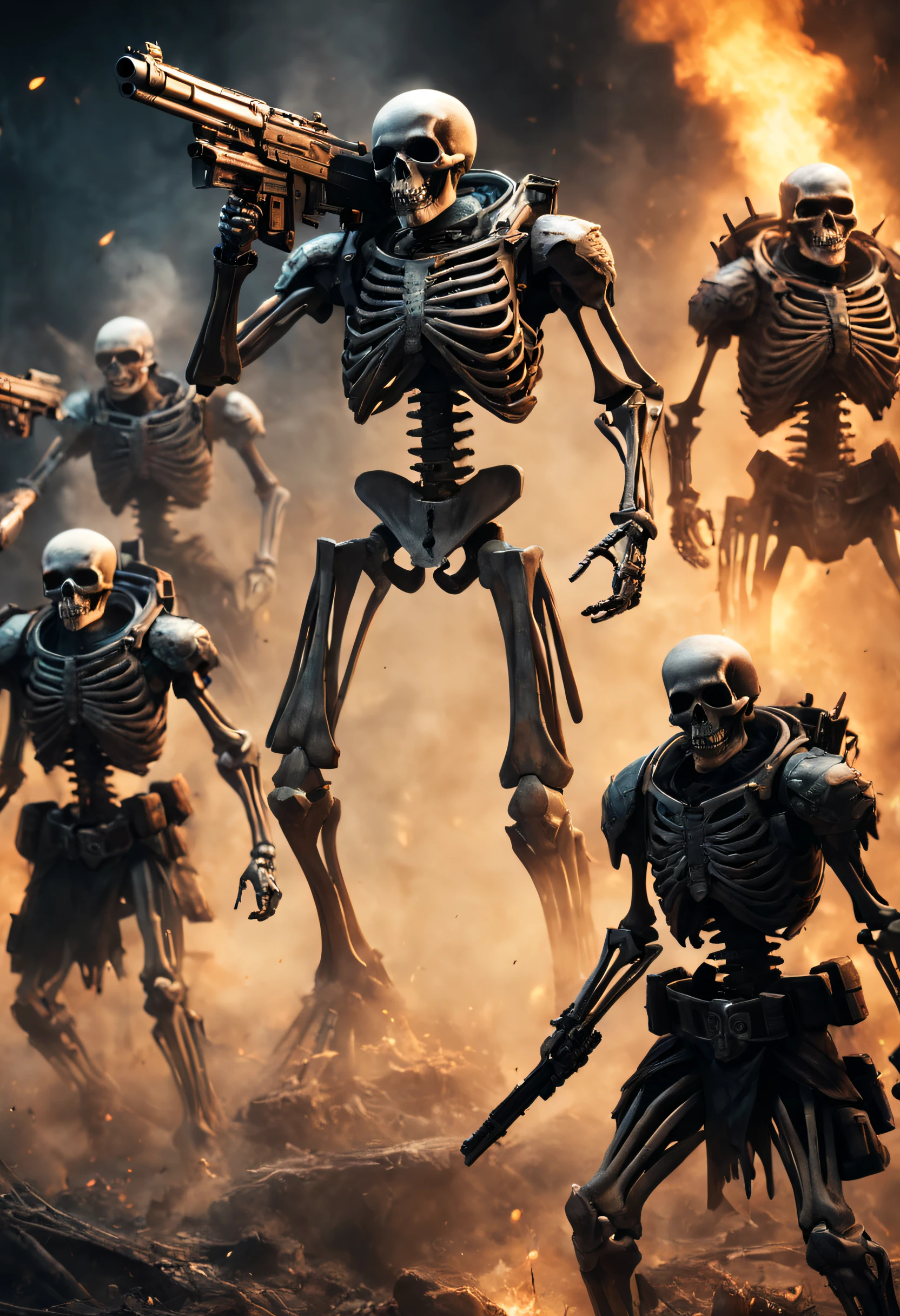 (high resolution, Realistic),Skeleton Team,With modern weapons,Detailed skeleton,Dynamic Action Pose,Background full of smoke and flames,Shiny metal gun,Sharp focus,gritty atmosphere,Powerful battle scenes,Detailed bullet casings and explosions,Vivid colors, Intense lighting,Combine horror and action genres,Close-up of squad member skulls,Fierce battle frenzy,Artistic lighting effects,Suspenseful atmosphere,expressive facial features,Creepy and threatening appearance,Detailed camouflage costumes,Emphasize the strength and strength of the team,The real manifestation of weapons and equipment,Add a sci-fi twist to the scene.