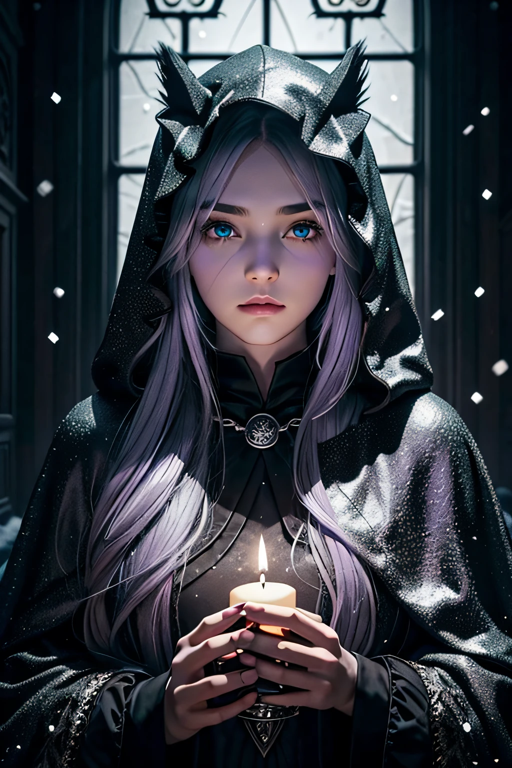 Girl in a dark purple cloak, Girl with gray hair, face hidden, You can't see your face, Holding a black candle, Large hood with sewn-on owl ears, His face darkened, face hidden, Dark lighting, low lighting, Obscurity, Falling snowflakes, Black candle in hands, Lilac patterns on clothes, Amethyst crystal on the chest, Silver long hair, Lots of shadows, The stone room is ancient, Ultra-realism, Fantasy, facing forward, Snow is falling all around, Cold, Obscurity, No lighting, Lack of emotion, Lack of emotion on the face, Cyan eyes, Gloomy girl, Attractive appearance, Harsh, grimalkin