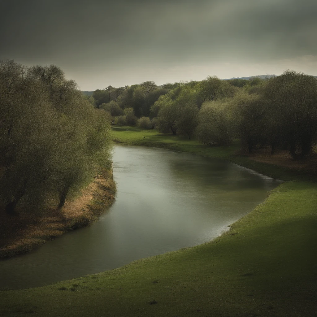 create an image of a river, on one side the river is dry, with low water, around the trees are dry, cracked earth... and on that side a person inside that river, in the middle of the river a wall, and each stone block with a name of a lock and on the other side of the river the river with water, fruit trees, green grass....