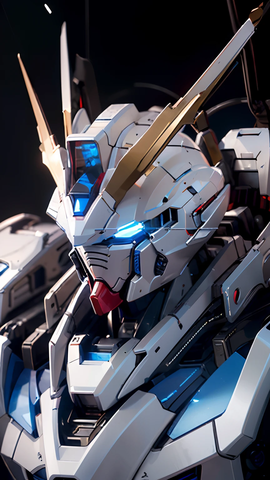 Year's on_gundam, Solo, Blue_Eyes, Holding, arma, Holding_arma, No_Humanity, Glowing, robot, Mecha, Science_fiction, Open_hand, v-fin,
Cinematic lighting,Strong contrast,High level of detail,Best quality,Masterpiece,White background,