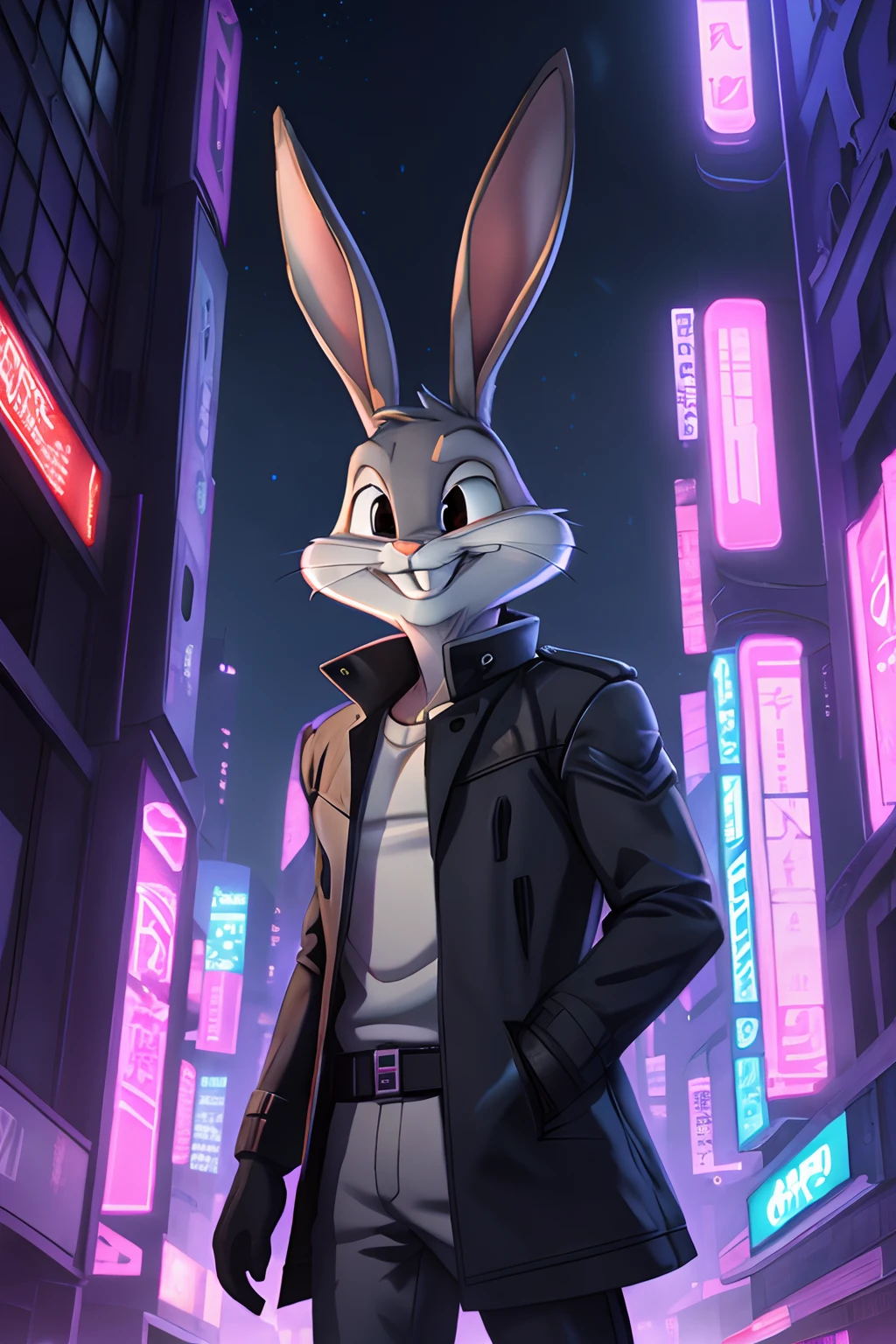 gloves, male, solo, bugs bunny, rabbit, buckteeth, city,night, long ears, grey body, grey fur, white fur,furry,anime style, anime screencap, 2010s_\(style\), grin, forest, upper body, trench coat, futuristic city, in the style of blade runner 2049, 8k, volumetric lighting, pink neon lighting, cyberpunk