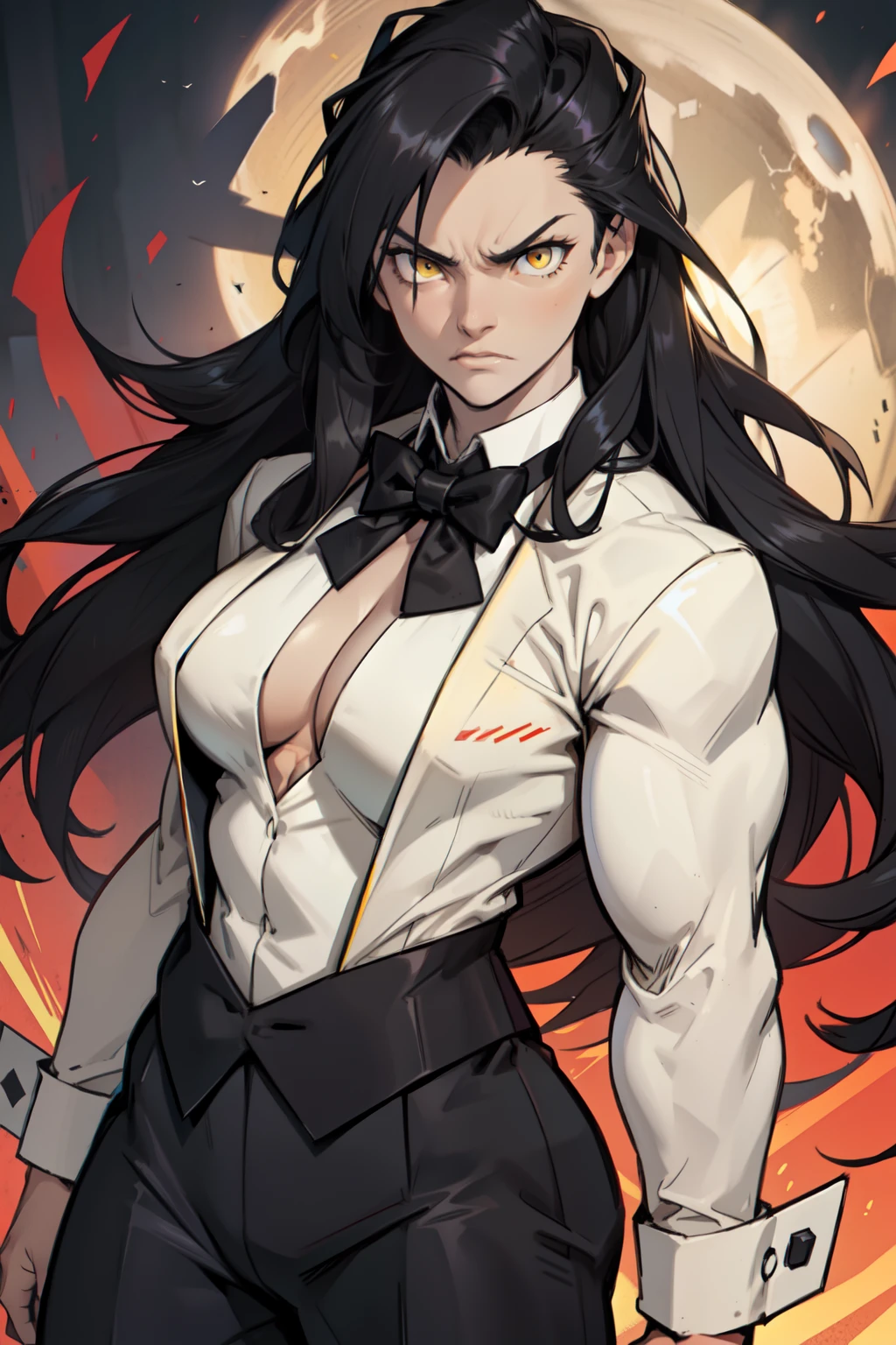 solo, 1 girl, very long hair, black hair, angry, yellow eyes pale skin bodybuilder large tits ((tuxedo)) toned body muscular