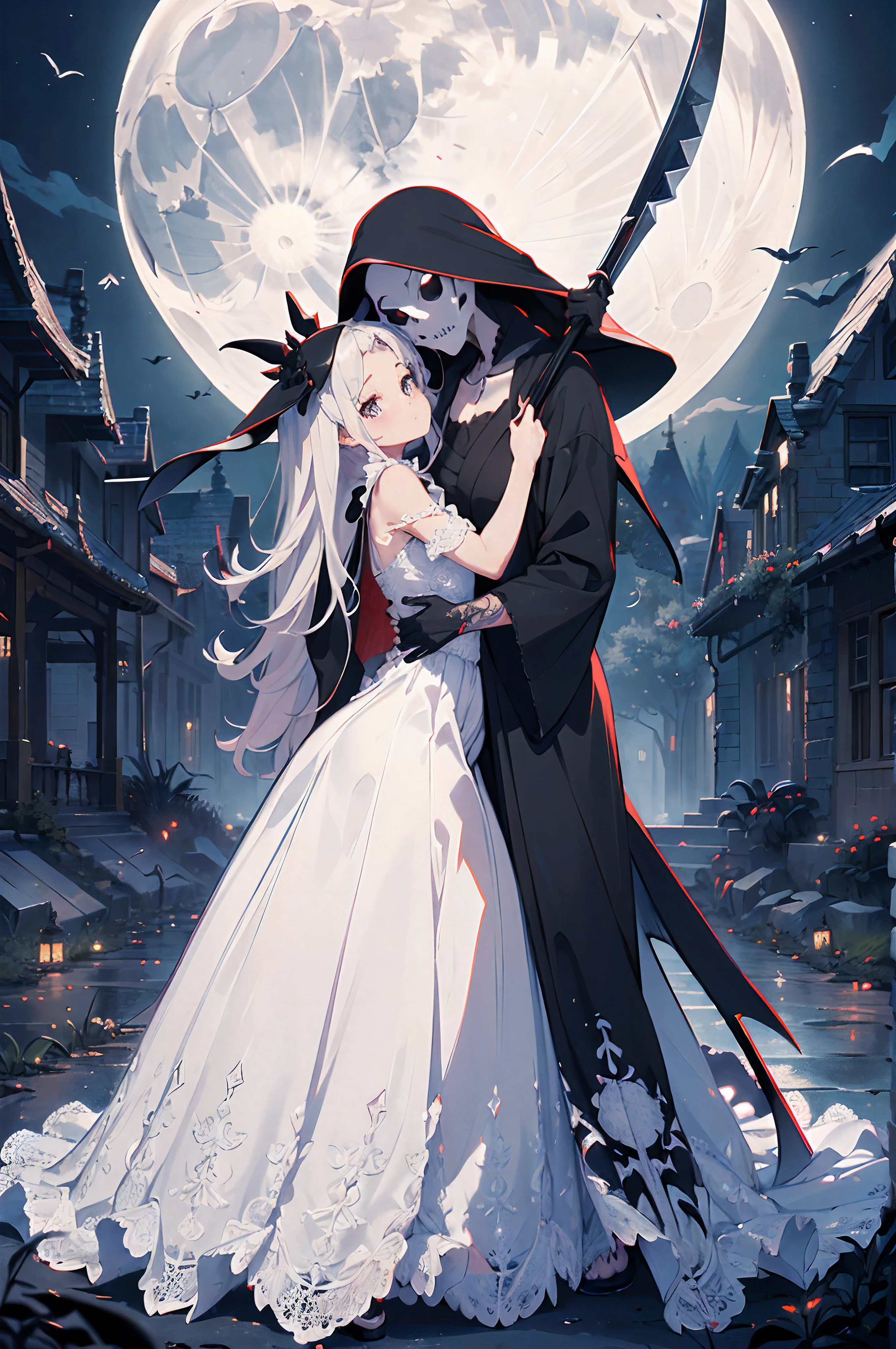 (master piece:1.4),(hyper quality:1.2),(Hyper Detailed:1.4),(Perfect drawing),3D Photography,16K illustrations,clearface,(Hi-Res),She wears a beautiful dress that only a person with a pure heart can see,(((Grim Reaper))),Hugging a beautiful woman,((Scythe of Death)),Tattered robes.(((Moonlight))),(focus on the ass,shapely butt,Beautiful dress、Beautiful lace、Beautiful frills、Beautiful embroidery、beautiful fabric、Beautifully decorated、a gorgeous、illustrious、Deities々Right、nice background,(((chies))),palatial palace,((beatiful backgrounds)),Detailed drawing,Fantastic、emotional、