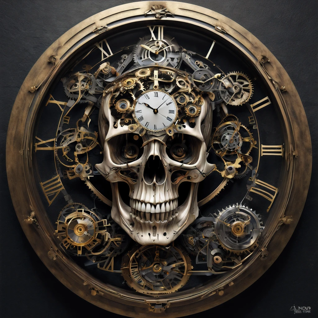skull transformed into a mechanical clock. The composition combines the symbolism of the skull representing mortality with the concept of time, creating a thought-provoking and visually intriguing scene. The use of intricate details and metallic textures adds depth and visual interest to the artwork, evoking a sense of reflection on the transient nature of life. Renowned digital artist Android Jones skillfully captures the fusion of art and technology in this imaginative skull clock artwork in this visually striking piece