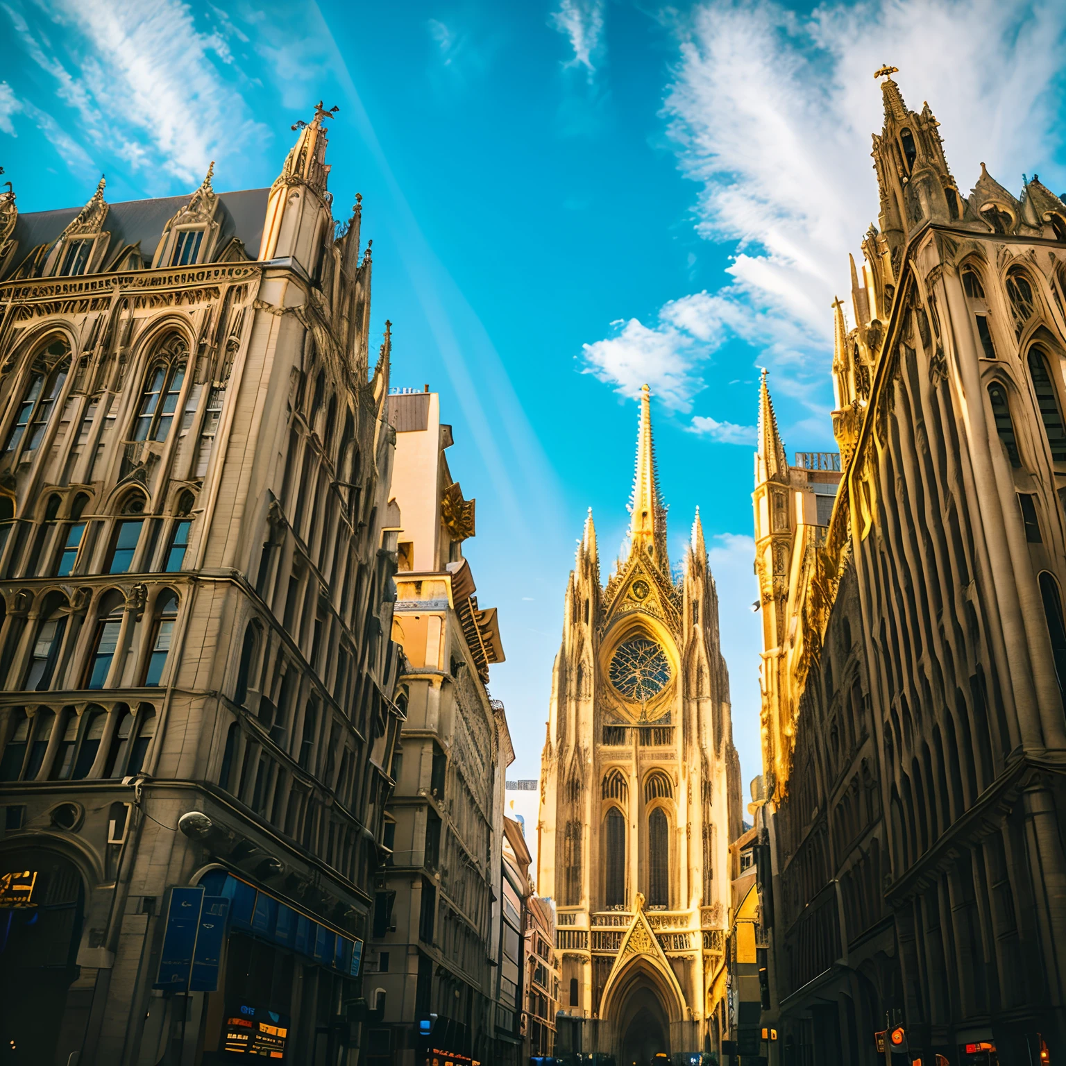 pov from down、look up to、Super-developed civilization、Huge metropolis、cathedral、Fantasia、Magnificent terrain、Hyper Beautiful Sky、High-rise complex、Medieval European style、European style architectural group、Sky architecture、Pulling composition、hight resolution、8K、concept-art、Divine Rays