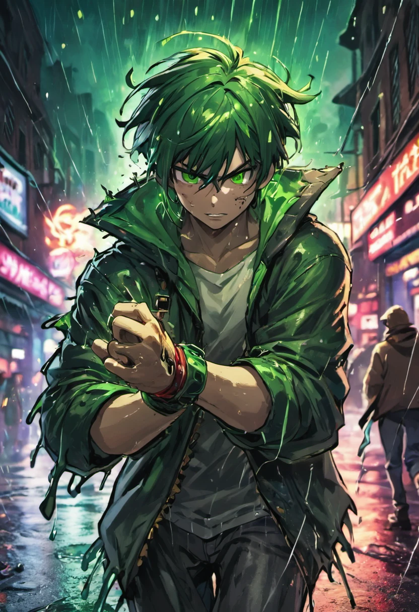 fotografia de close-up, jovem homem confiante com cabelos loiros e brancos em um coque, arqueiro, usando um capuz com desenhos verdes e vermelhos, on a rain-soaked street at night, fotorrealista, Cinematic lighting