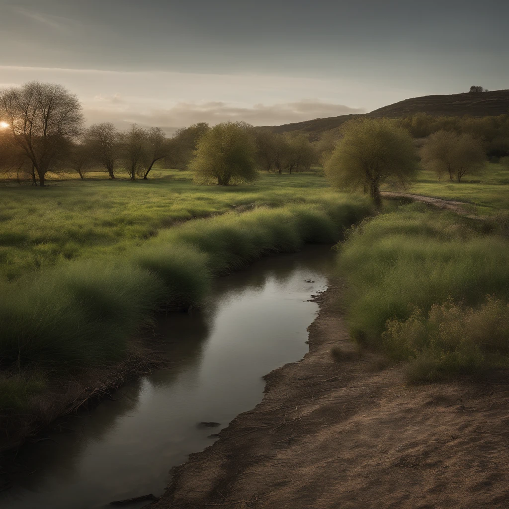create an image of a river, on one side the river is dry, with low water, around the trees are dry, cracked earth... and on that side a person inside that river, in the middle of the river a wall, and each stone block with a name of a lock and on the other side of the river the river with water, fruit trees, green grass....