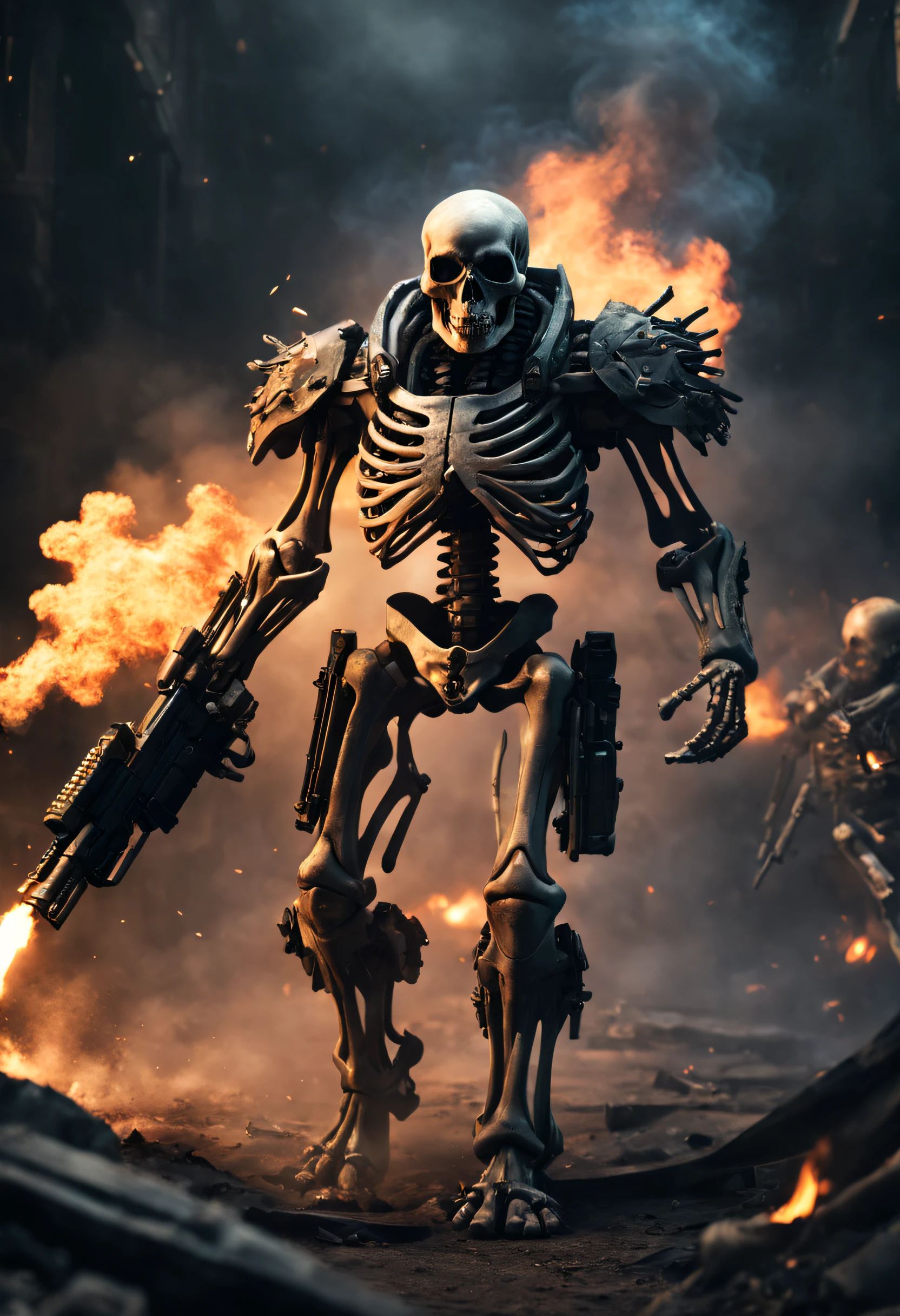 (high resolution, Realistic),Skeleton Squad,Possession of modern weapons,Detailed skeleton,Dynamic Action Pose,Background full of smoke and flames,Shiny metal gun,Sharp focus,gritty atmosphere,Powerful battle scenes,Detailed bullet casings and explosions,Vivid colors, Intense lighting,Combine horror and action genres,Close-up of the squad member's skull,Fierce battle frenzy,Artistic lighting effects,Suspenseful atmosphere,expressive facial features,Creepy and threatening appearance,Detailed camouflage costumes,Emphasize the strength and strength of the team,The real manifestation of weapons and equipment,Add a sci-fi twist to the scene.